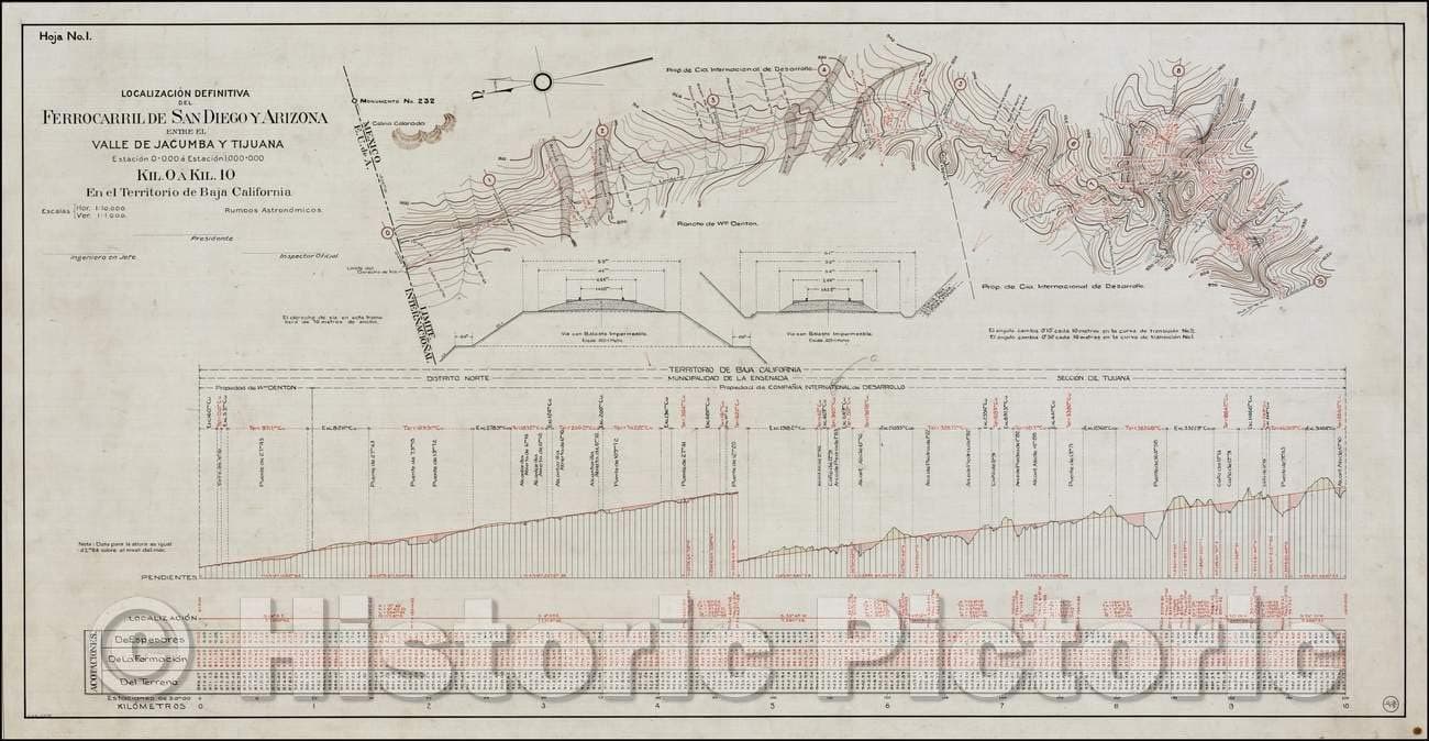 Historic Map - (San Diego & Arizona Railroad) Localizacion Definitiva del Ferro :: San Diego and Arizona Railway Map, San Ysidro and Along The Rio de Tijuana, 1907 v1 85in x 44in
