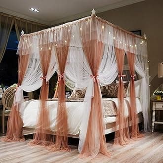 Joyreap Luxury 4 Corners Post Canopy Bed Curtains - Coral & White Cozy Drape Netting - Cute Princess Style Bedroom Decoration Accessories(Reddish Brown,86" W x 78" L, King)