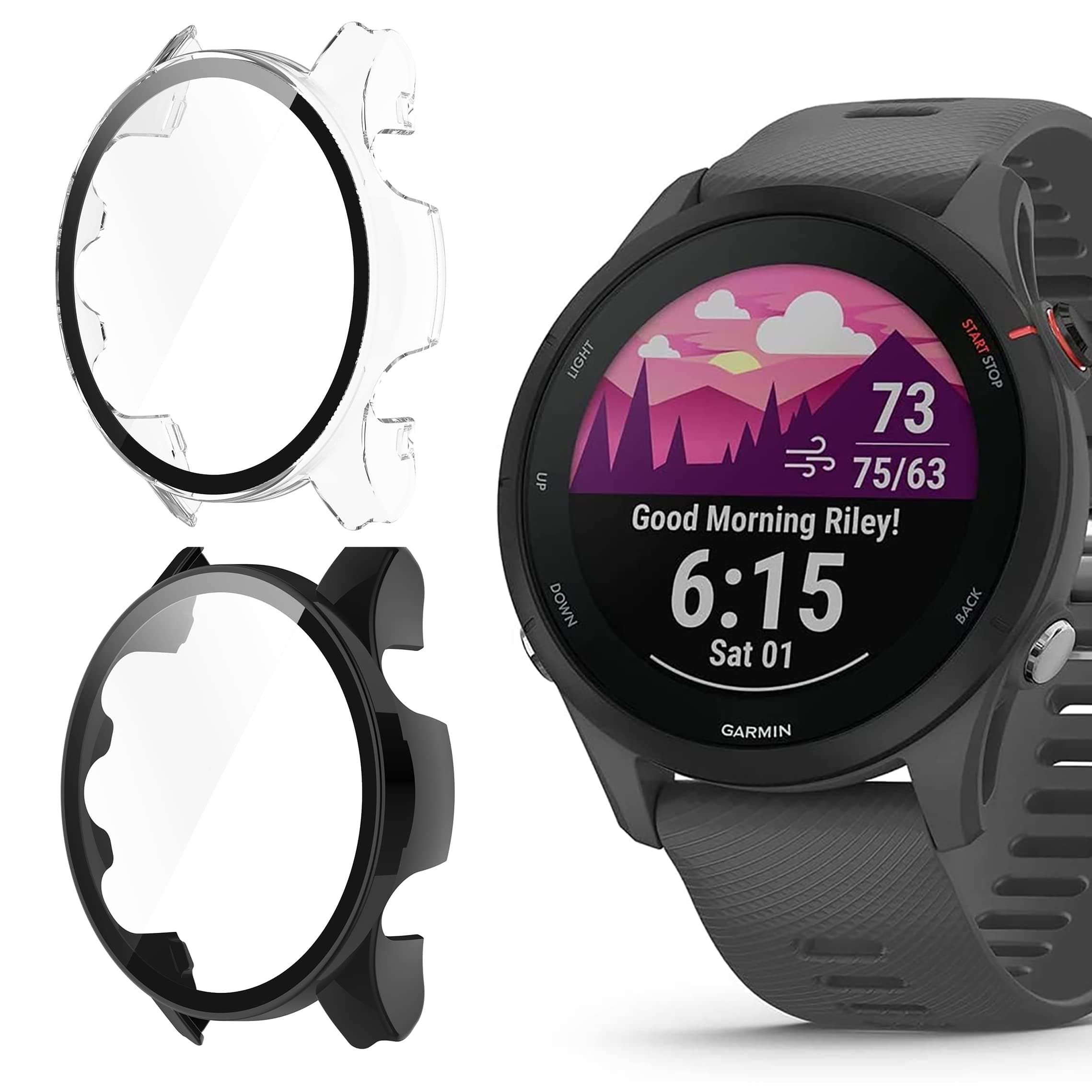 Compatible for Garmin Forerunner 255 Hard PC Case With Tempered Glass Screen Protector for 255/255S Smartwatch (255-46mm, Black+Clear)