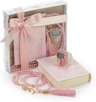 İhvan Online Medina Calligraphy Quran Set with Islamic Finger Counter, Portable Digital Prayer Tasbeeh, Pearl Zikirmatic Beads, 3 Pieces Gift for Ramadan & Eid & Mevlüt (Pink)