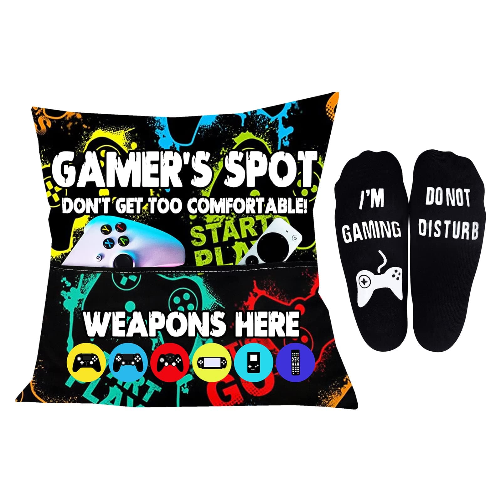 Gamer Gifts Pillow Cover Case 18x18 inch with Dual Pockets and Do Not Disturb I'm Gaming Novelty Socks, Gaming Room Decor Party Decorations, Xmas Gift Christmas Stocking Stuffers for Men Teen Boys