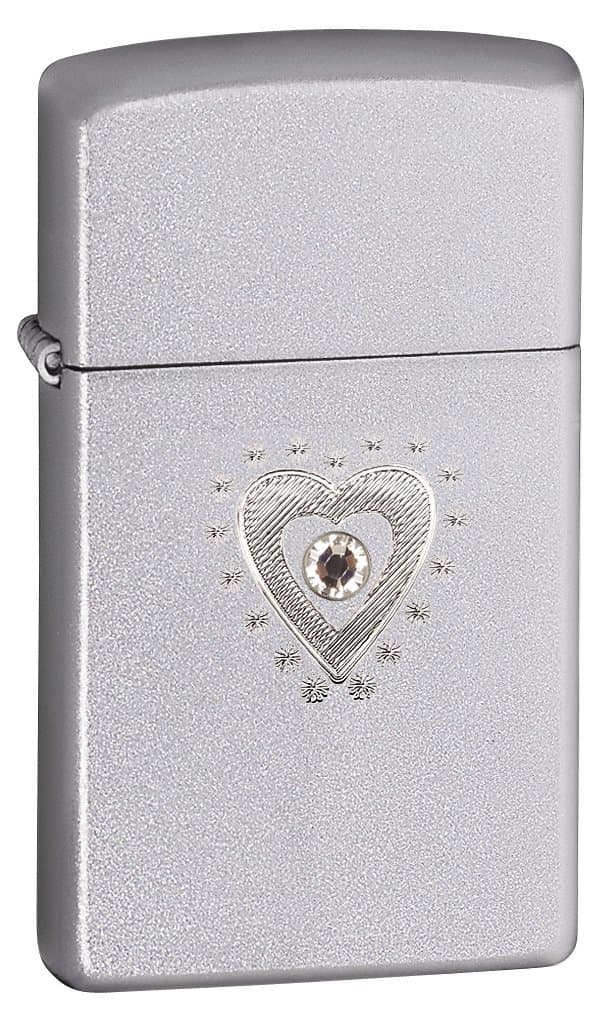 Zippo Slim Satin Chrome TR Heart Bling Lighter (Silver, 5 1/2x3 1/2-Cm)