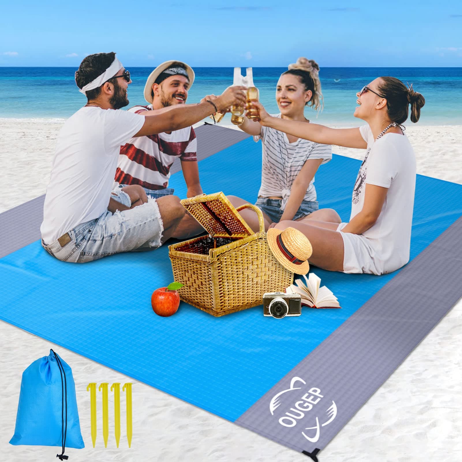 – Beach Blanket Sandproof, Large Picnic Blanket Waterproof 200 x 230cm for 4-8 Adults,Beach Mat Sand Free Waterproof for Camping, Hiking,Beach,Picnic (Blue/Grey)