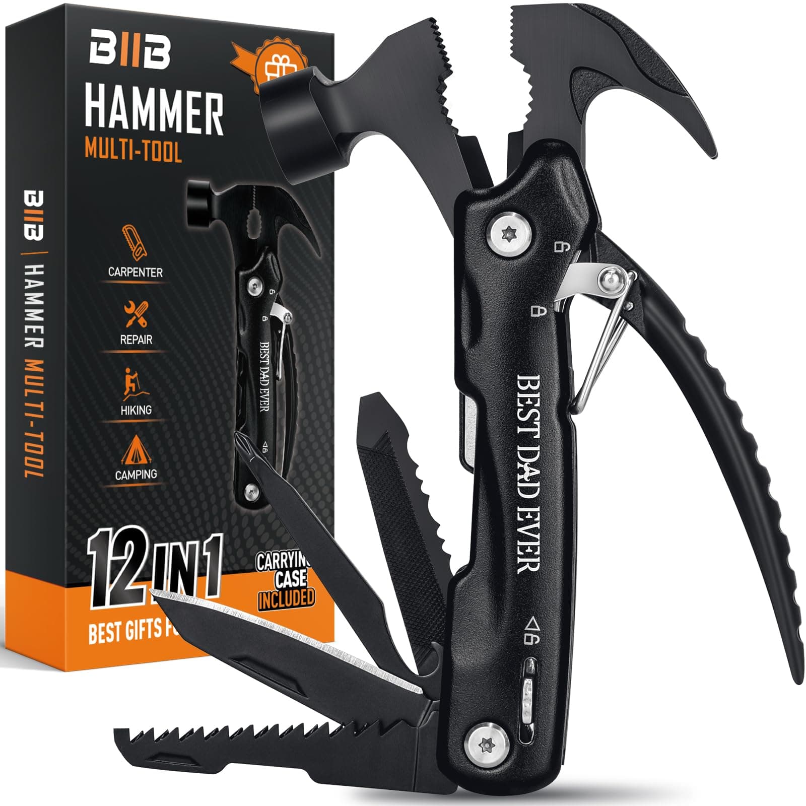 BIIB Gifts for Dad, 12 in 1 Hammer Multitool Camping Essentials, Birthday Gifts for Men, Fathers Day Mens Gifts for Dad Husband Grandpa, Dad Gifts for Men Who Wants Nothing, Camping Gear Survival Tool
