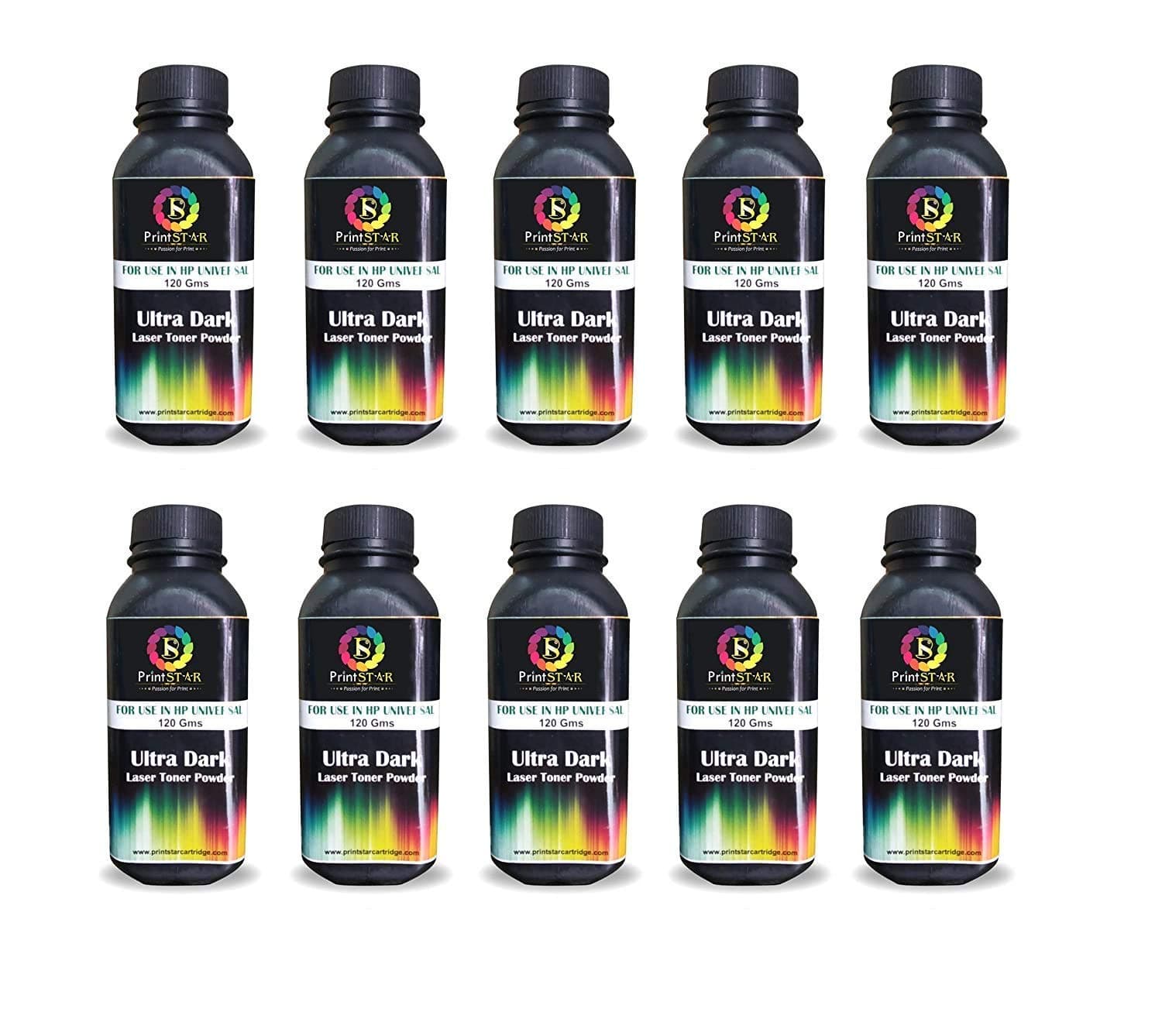 Print Star Ultra Dark Black Toner Powder Compatible with HP 12A, 15A, 49A, 53A, 55A, 26A, 05A, 79A & Canon FX9, 103, 703, 903 Cartridges | Easy Refill | High Yield Toner (120g, Pack of 10)