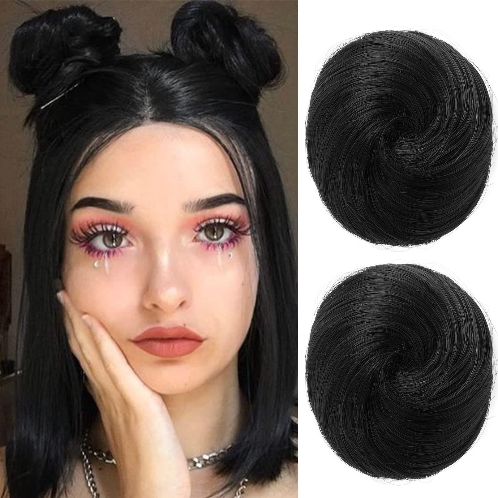 REECHO Space Bun Hair Pieces, 2 PCS Mini Claw Clip in Messy & Cat Ears Fake Hair Bun Extensions HB001 Wig Accessory Updo Hairpieces for Women (Pack of 2-3" Straight, Natural Black)