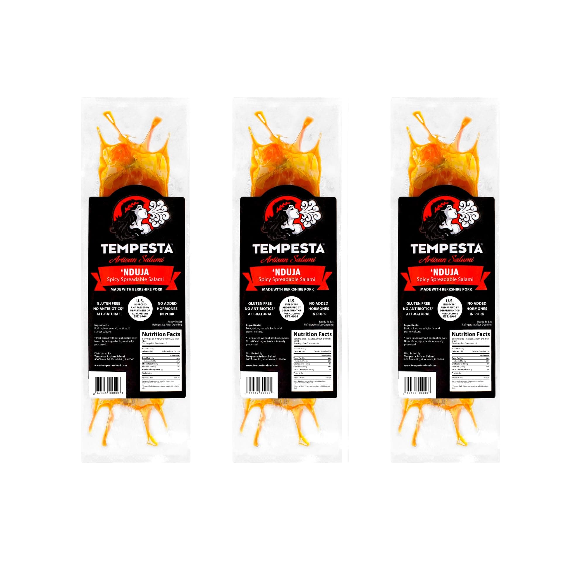 Tempesta Artisan Salumi | Nduja | Spicy Spreadable Salami | Famous and Versatile Calabrian Salami, 4.5 oz each [Pack of 3]