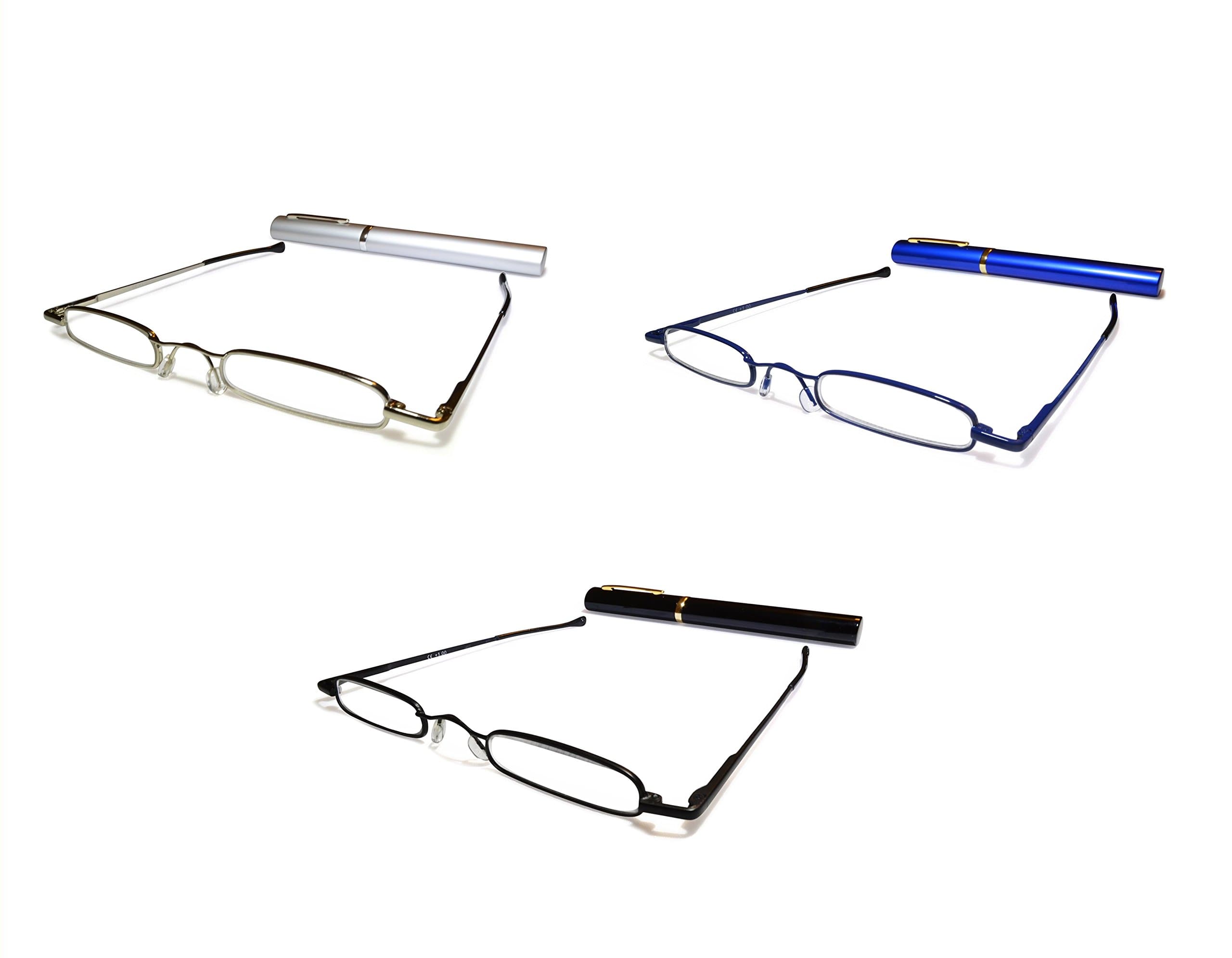 Ultra Slim and Lightweight "Pocket" Unisex Mini Reading Glasses +1.5 One Each, Black, Blue, and Silver. Comes with free matching oval aluminium case with clip By ilovemyreadingglasses