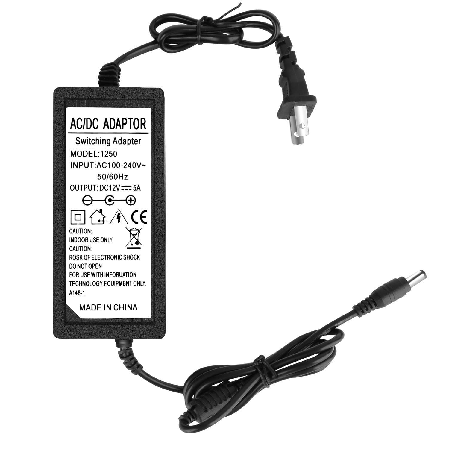 12V 5A Power Supply, Waysse AC DC Adapter, Converter 100-240V to 12 Volt 5 Amp Transformer 5.5x2.1mm Plug for LED Strip Light DVR NVR Security Cameras System CCTV Accessories