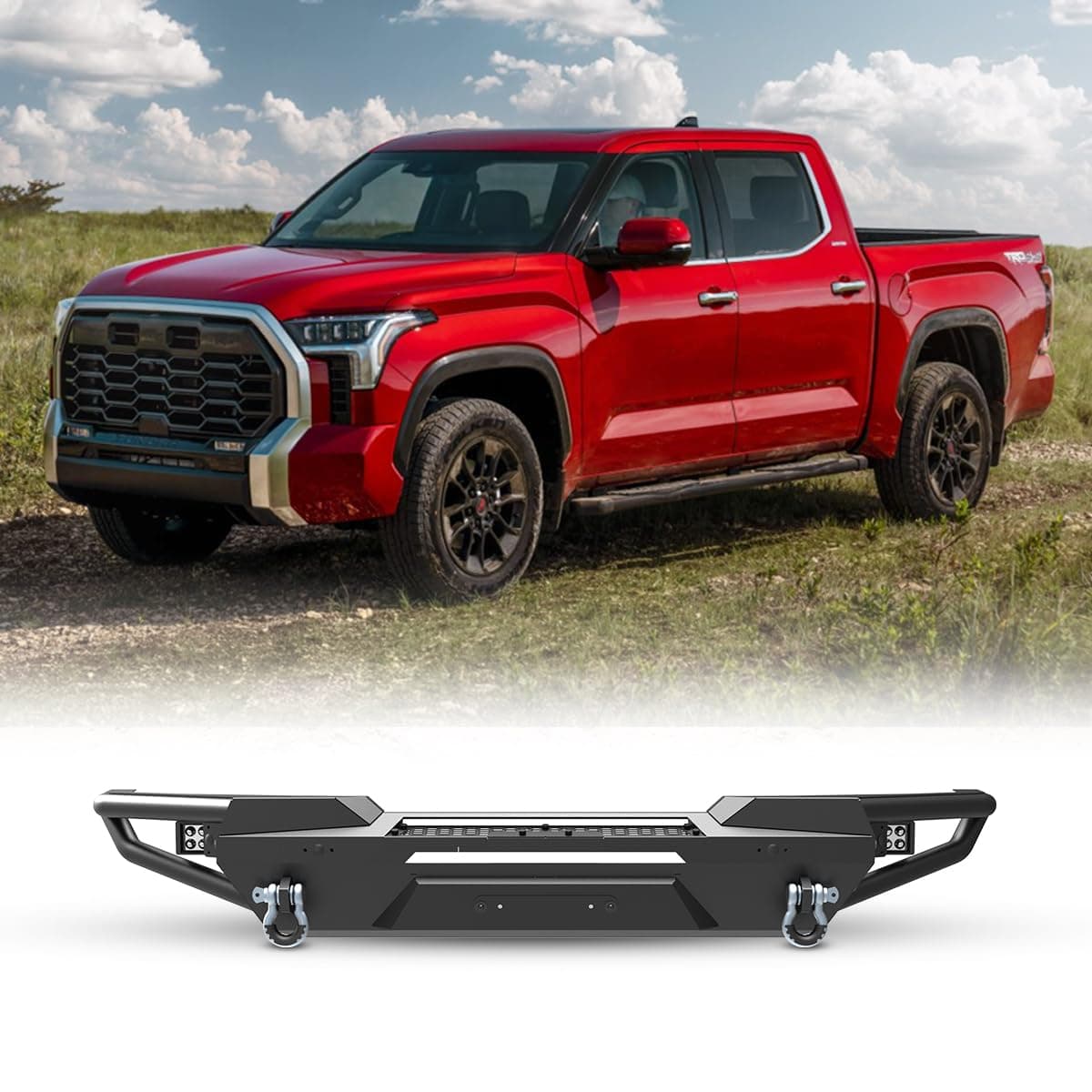 Full-Width Front Bumper Compitable for 22-24 Toyota Tundra, Bumper & Round Tube Side Wings w/LED Light Bar Bracket, D-Ring Shackles, Park Distance Sensor Hole, Paintable Bezel, LED Pod Lights