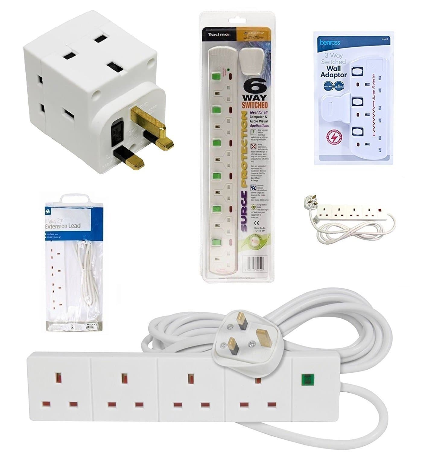 Buyersbargin® UK 3 4 6 Way Switched Gang 2m 5m 10m mains Extension Lead Cable ( Surge Protected with button ) UK SELLER made by Buyersbargin Limited. (4 Way 5M Extension Cable)