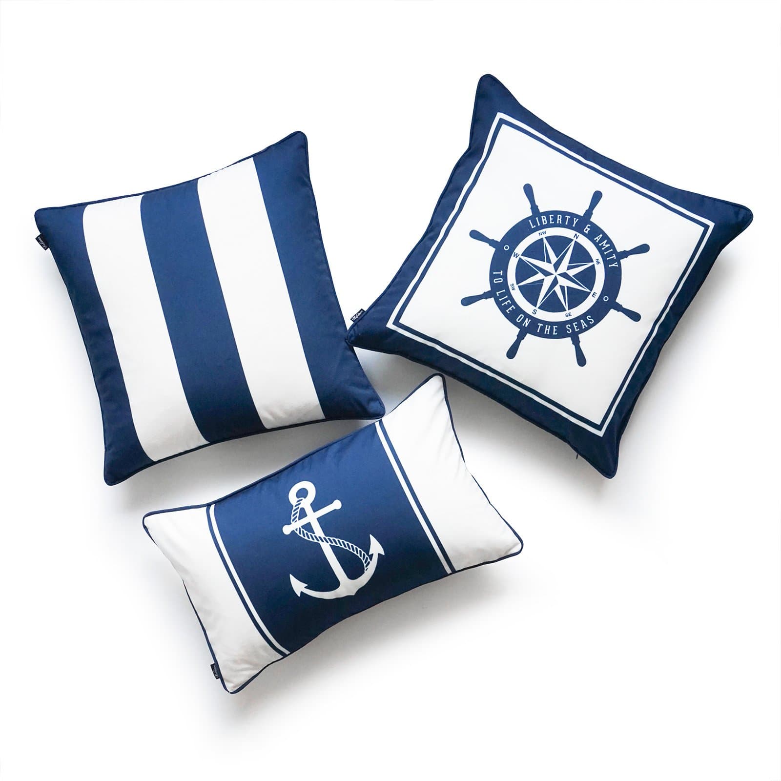 Hofdeco Decorative Cushion Cover OUTDOOR WATER RESISTANT Canvas Nautical Navy Blue Stripes Boat Wheel Anchor 45cm x 45cm 30cm x 50cm Set of 3