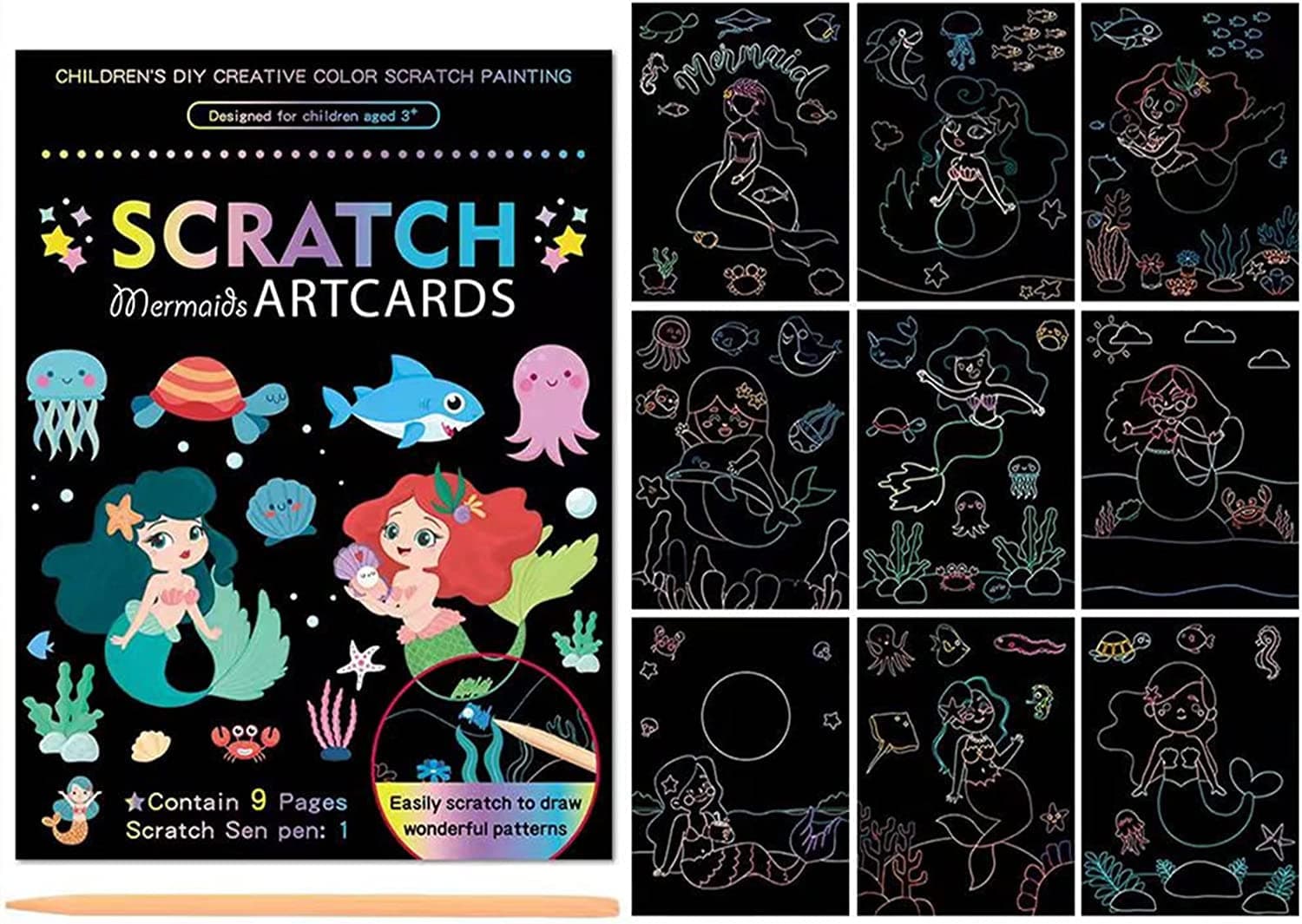 DIY Mermaid Magic Scratch Art for Kids, 9 Sheets Double Sided Cute Design Rainbow Scratch Paper Cards & Scratch Sticks Set for Kids/Boys -Girls Birthday Party Favor Supplies