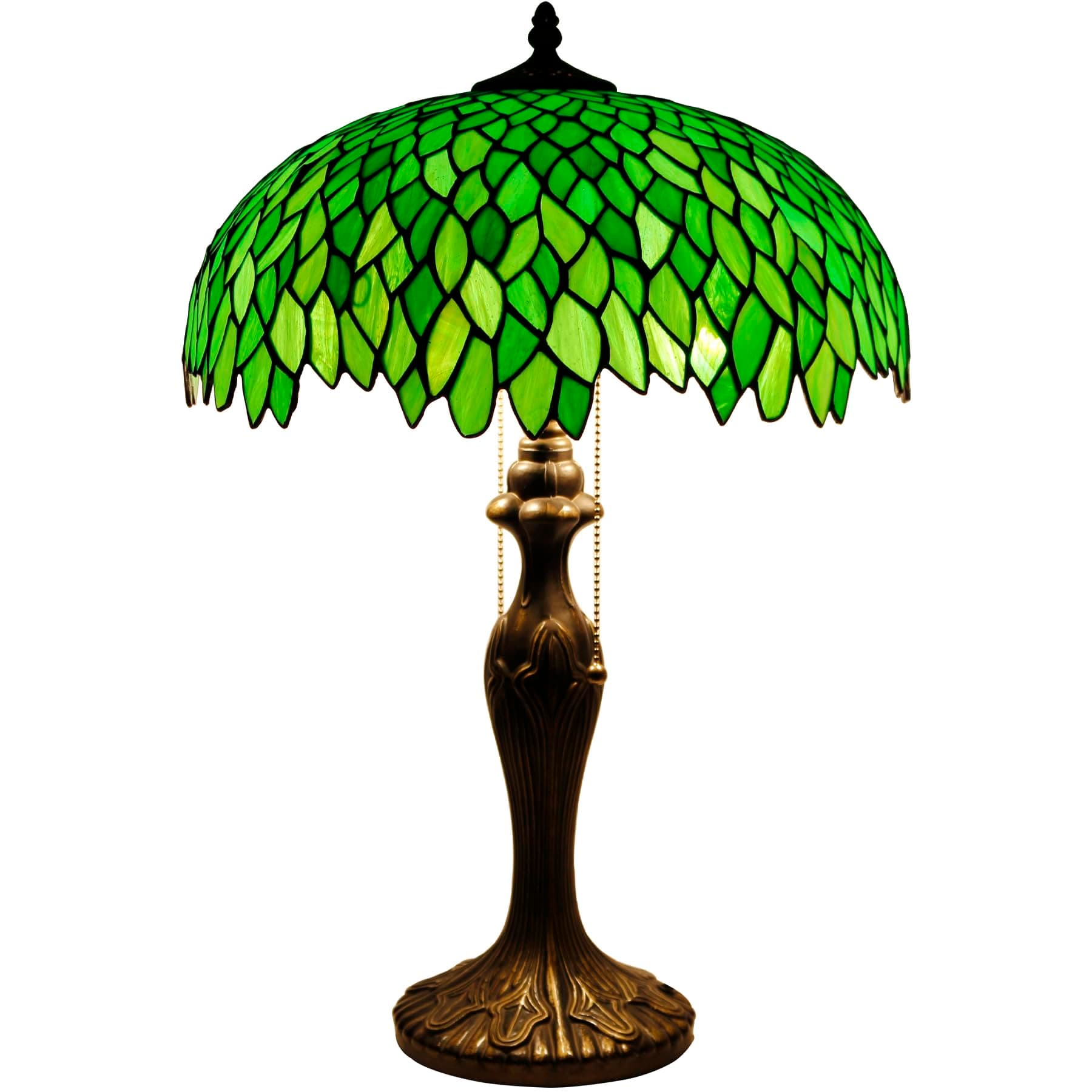 WERFACTORY Tiffany Style Table Lamp Stained Glass Bedside Lamp Green Wisteria Desk Reading Light Metal Base 16X16X24 Inches Decor Bedroom Living Room Home Office S523 Series