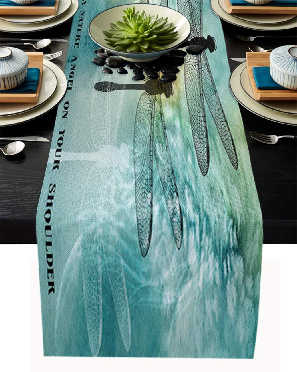 Durable Fabric Table Runner,Dragonfly Printed Quote Love is a Nature Angel on Your Shoulder Washable Linen Table Runners for Home/Kitchen/Dining Table/Indoor & Outdoor Use 13x70Inches