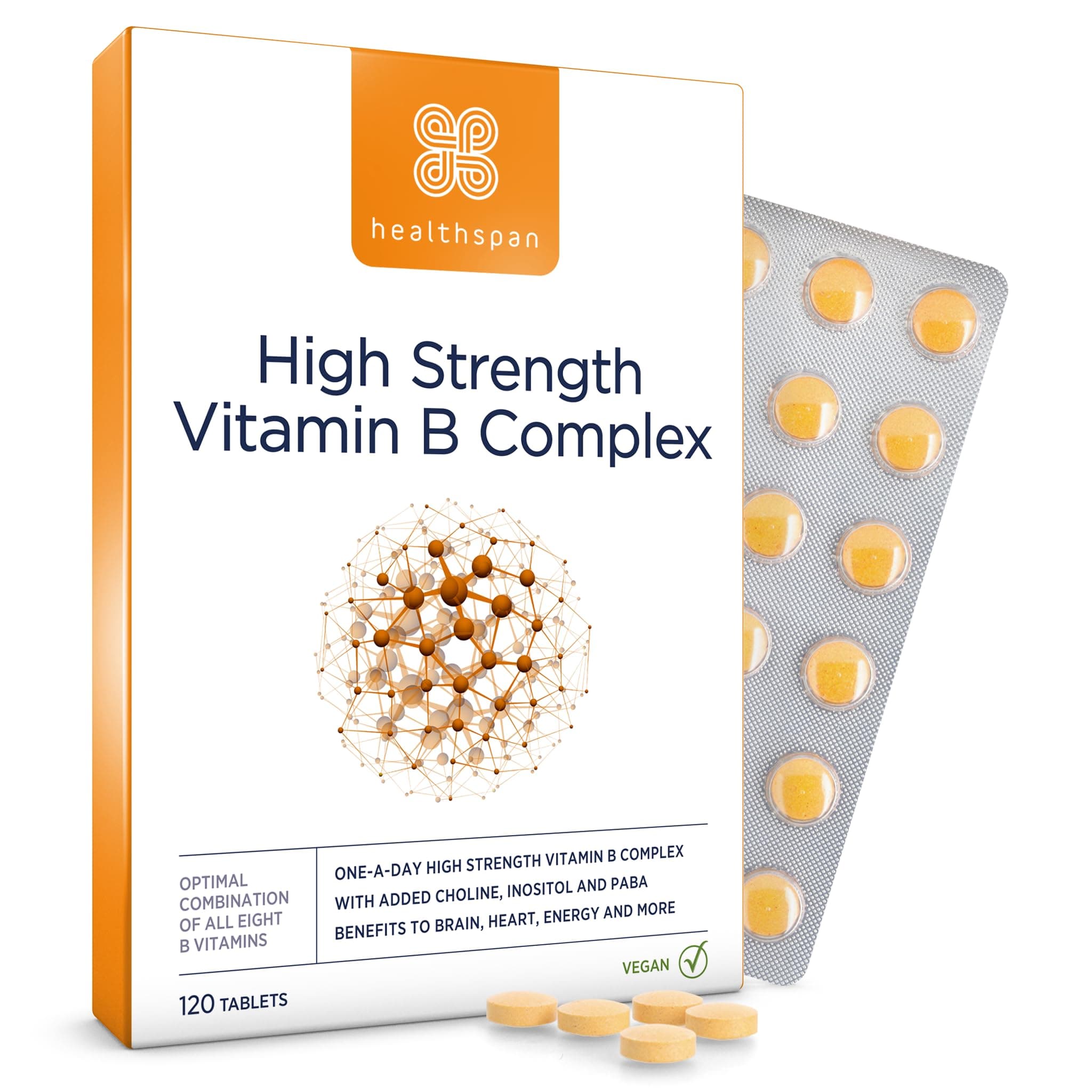 Healthspan Vitamin B Complex | 8 B-Complex Vitamins | Heart Health, Mental Performance & Psychological Function | Combat Tiredness & Fatigue | Gelatin Free | Vegan (120 Tablets (High Strength))