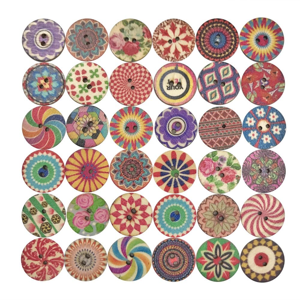 Mixed 2 Holes Wooden Retro Flower Painting Round Buttons for Sewing Crafting and DIY Craft 20mm 100 PCS