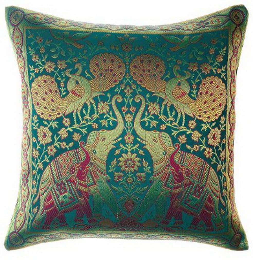 Sila India Style Elephant Peacock Throw Pillow Cover Decorative Sofa Couch Cushion Cover Zippered 16x16 Inch (40x40 cm) Green