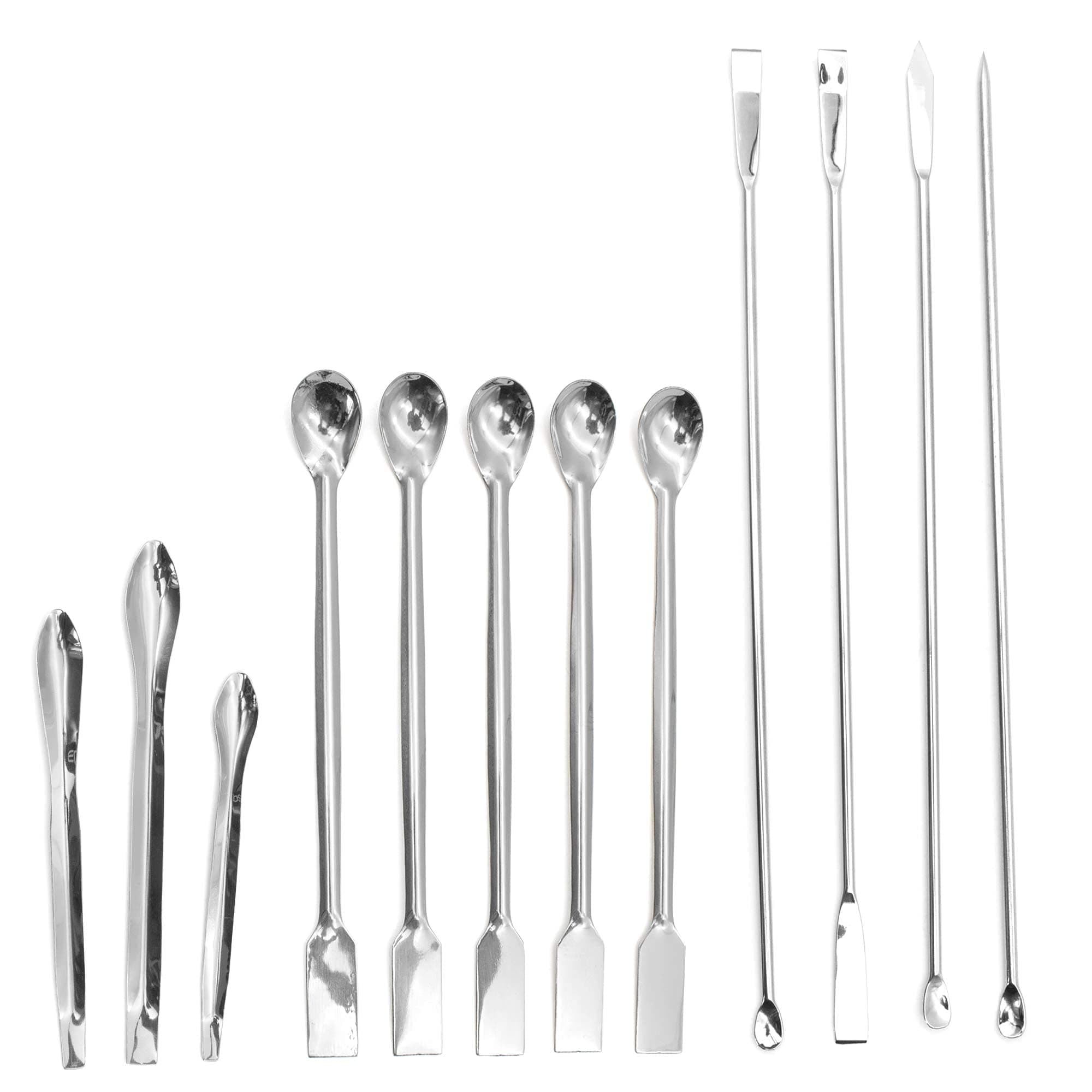 Laboratory Spoon Spatula Set - Long Handled Mixing & Measuring Equipment - Supplies for Labs, Sampling, Sculpting, Stirring, Making Makeup - Durable Stainless Steel - Set of 12