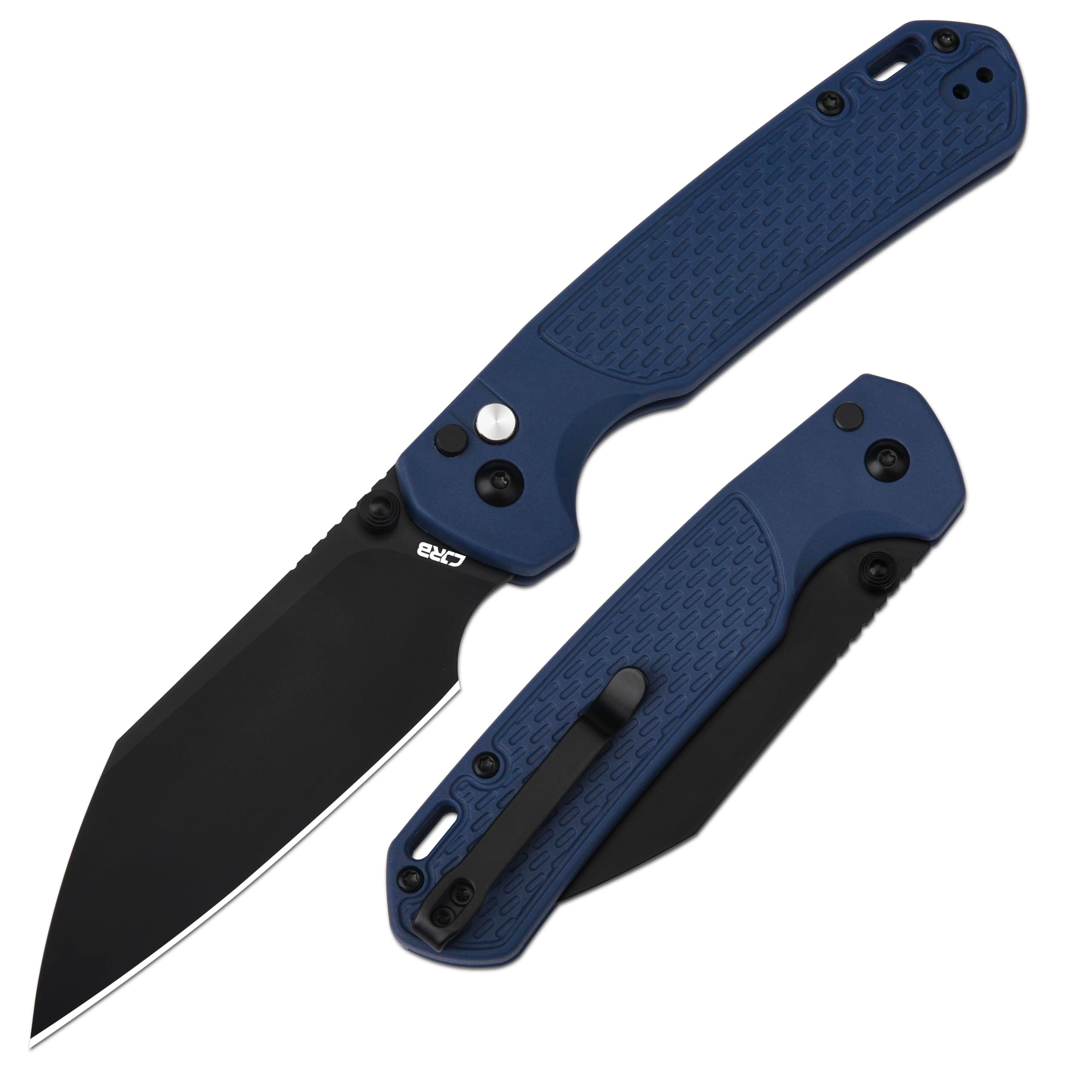 CJRB Large Pyrite-Light Folding Knife, Pocket Knife with 3.7'' AR-RPM9 Steel Blade EDC Knife with Clip for Men Women, Button Lock with Safety Switch for Camping Survival Hiking J1945L Blue