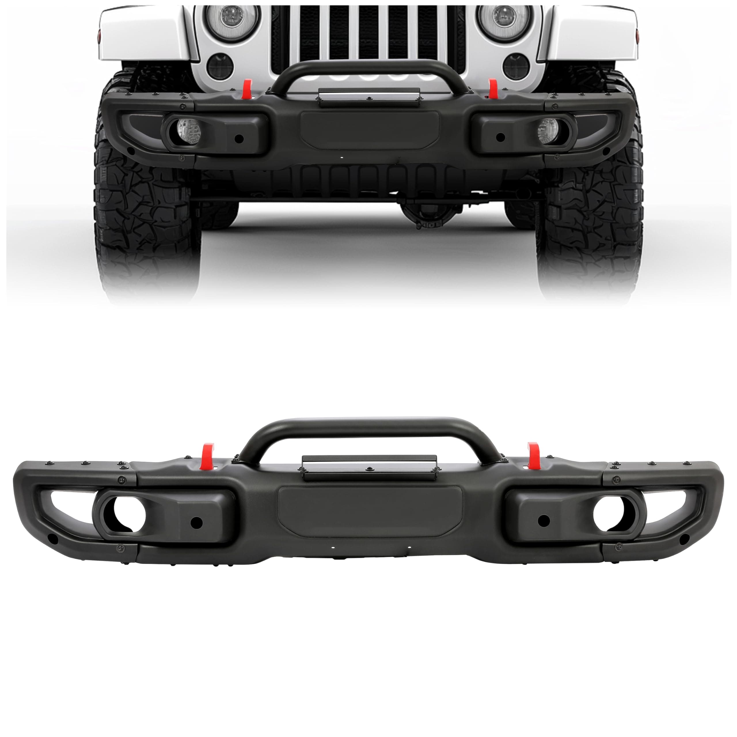 KUAFU Front Bumper Compatible with 2007-2018 Jeep Wrangler JK Rubicon W/Sensor Hole 10th Anniversary Style 2DR 4DR Steel Black Powder Coated 3Pcs