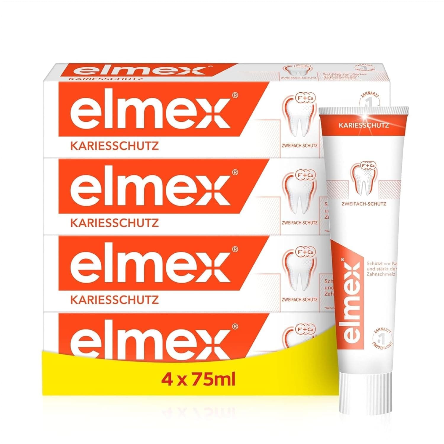 elmex Toothpaste Caries Protection 4 x 75 ml - Medical Teeth Cleaning for Highly Effective Caries Protection - Provides Dual Active Calcium Fluoride Protective Shield for Durable Teeth