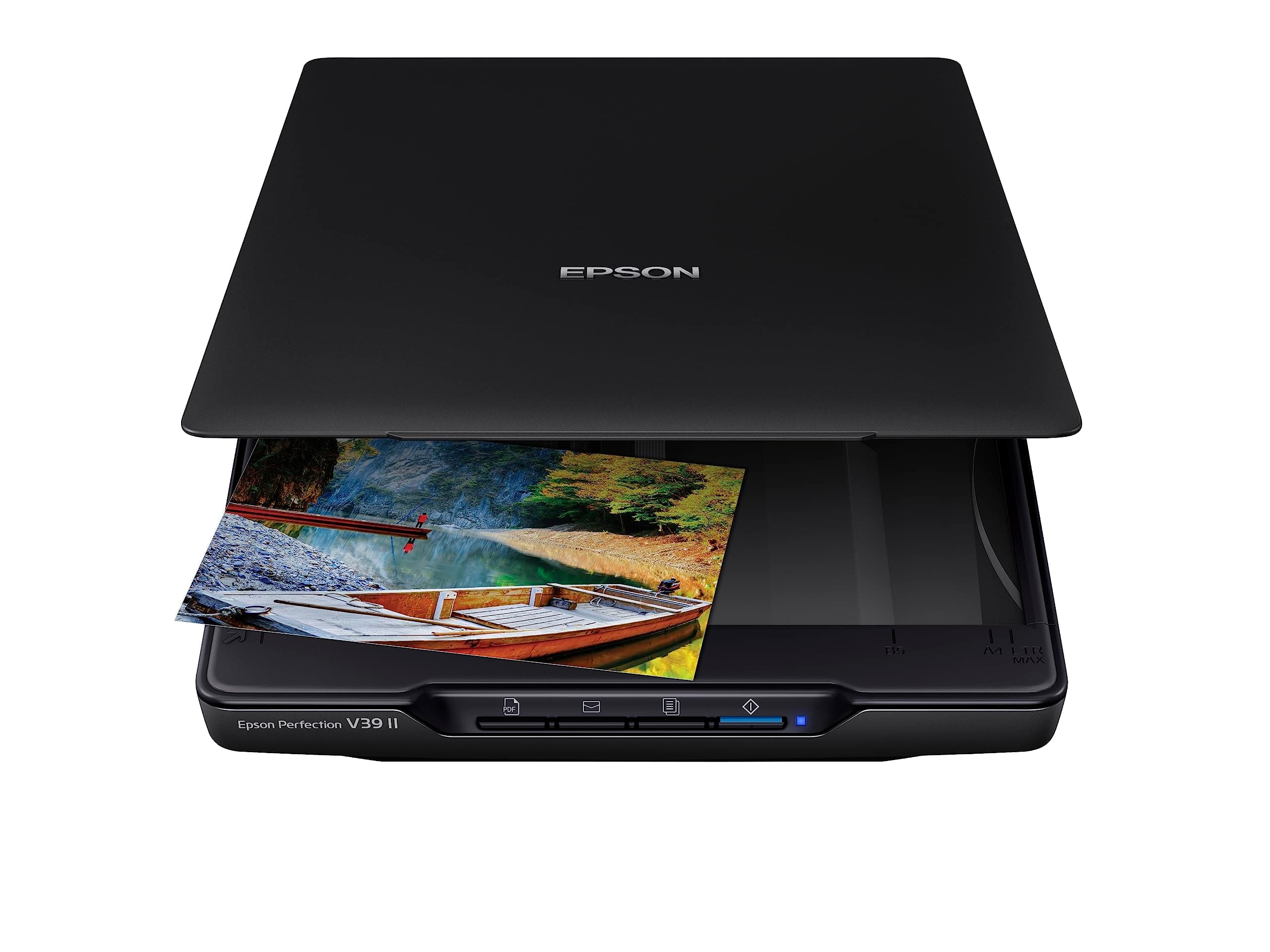 Perfection V39 II Color Photo and Document Flatbed Scanner with 4800 dpi Optical Resolution, Scan to Cloud, USB Power and High-Rise, Removable Lid