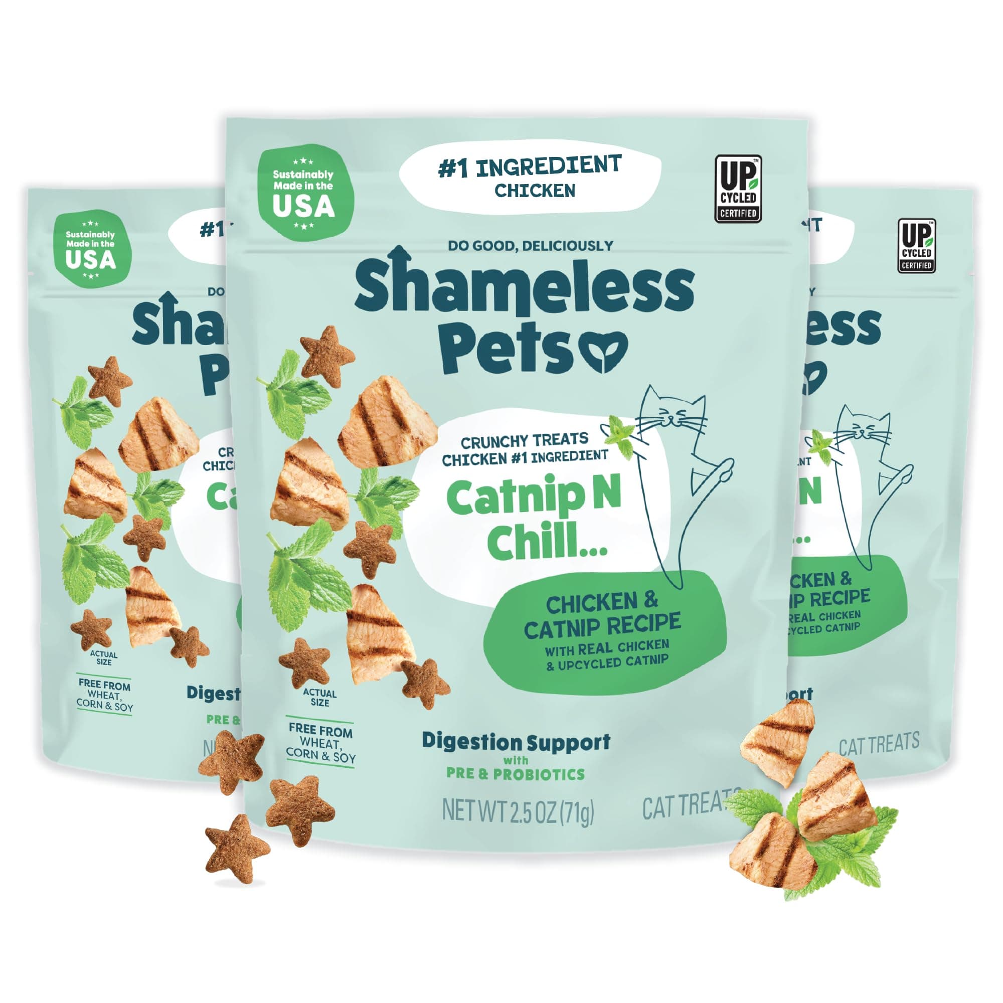 Shameless Pets Cat Treats - Crunchy Treats for Cats with Catnip, Coat, & Digestive Support, Sustainable Upcycled Natural Ingredients & Real Meat, Low Calorie Healthy Feline Food - Pack of 3
