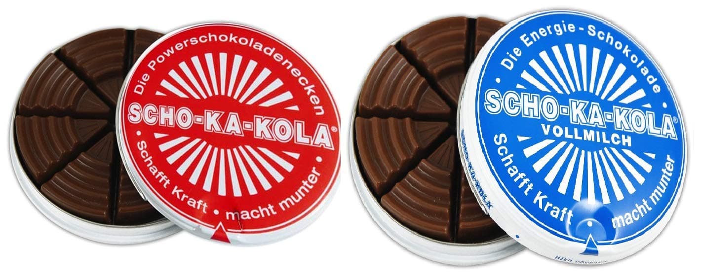 Dark Chocolate and Milk Chocolate SCHO-KA-KOLA with natural Caffeine from Cocoa, Cola-Nut-Powder and Coffee 2 tins x 100 g/Germany