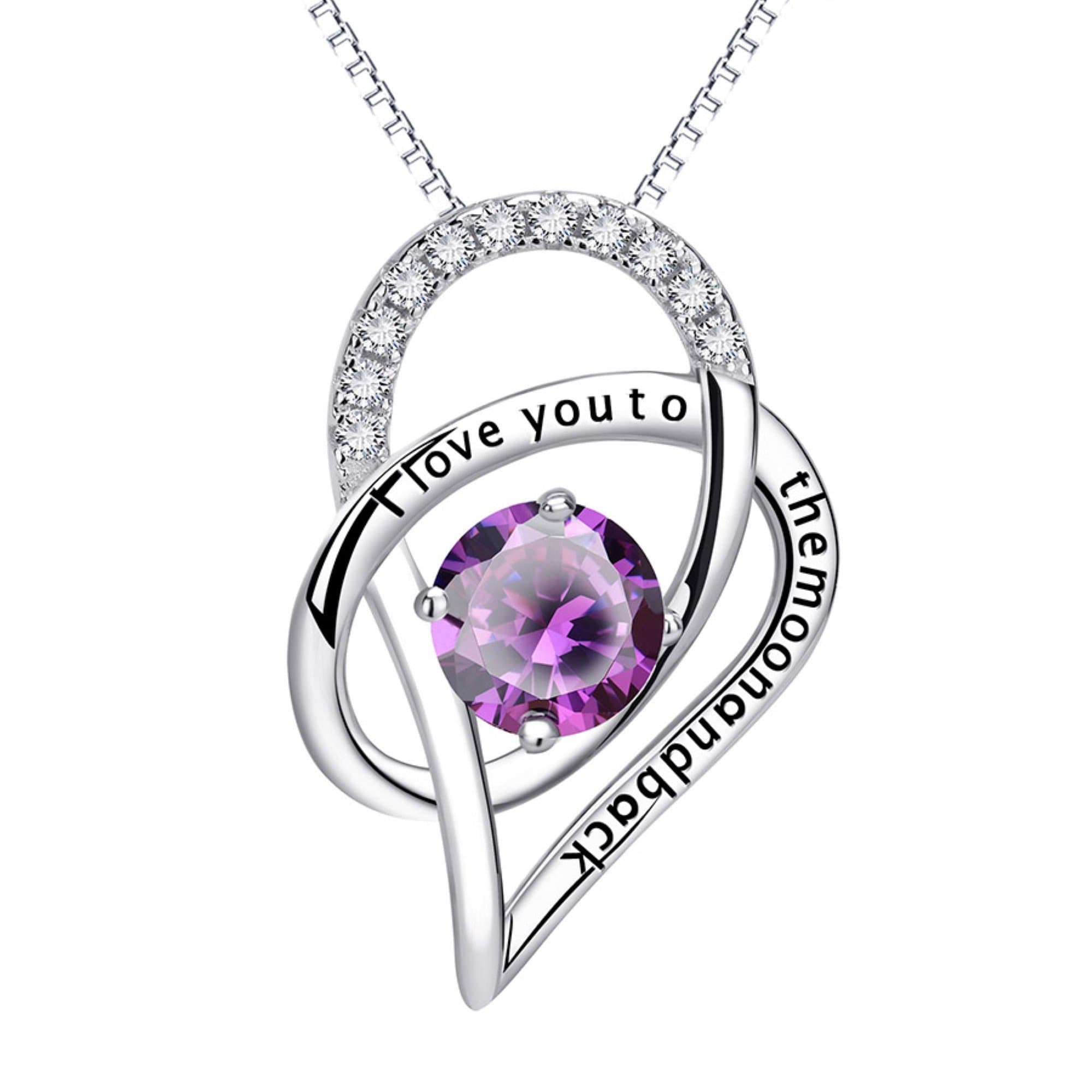 Sterling Silver I Love You to The Moon and Back Heart Pendant Necklace (Silver Purple)