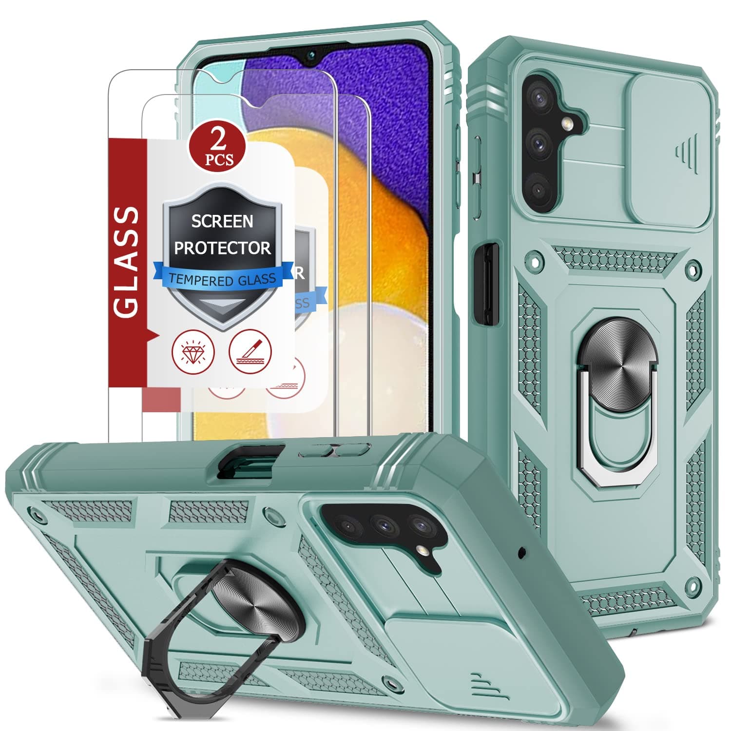 Rebex for Samsung Glaxy A13 5G Case,Built-in Camera Slide Cover with Screen Protector,Full Body Protection with Ring Kickstand Tough Shockproof Protective for Galaxy A13 5G (Mint)
