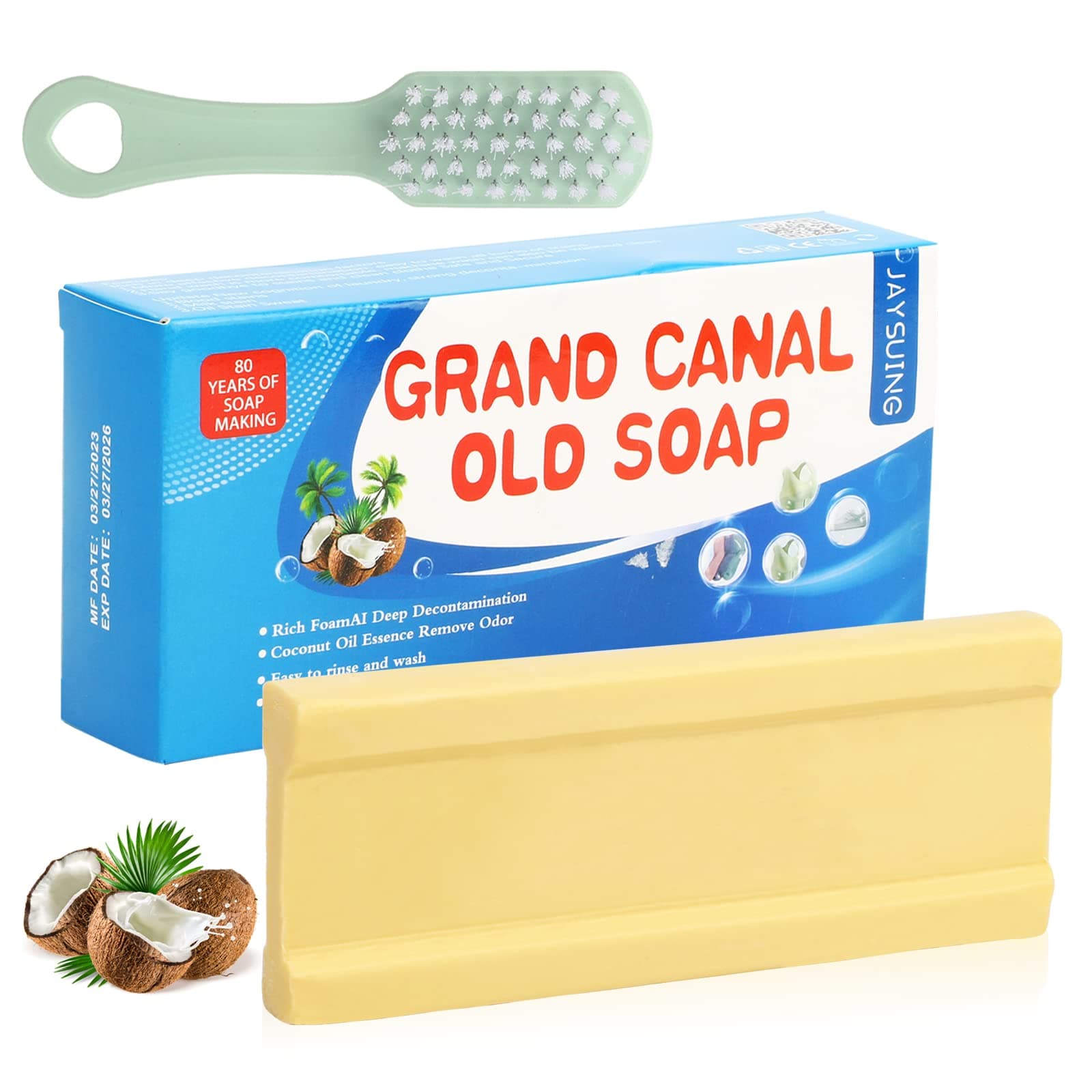 Grand Canal Old Soap & Brush, Powerful Stain Remover Laundry Soap Bar, Non-Additivewhitening Underwear Cleaning Soap Suitable For All Clothing, Long-Lasting Fragrance for Hand Washing Clothes