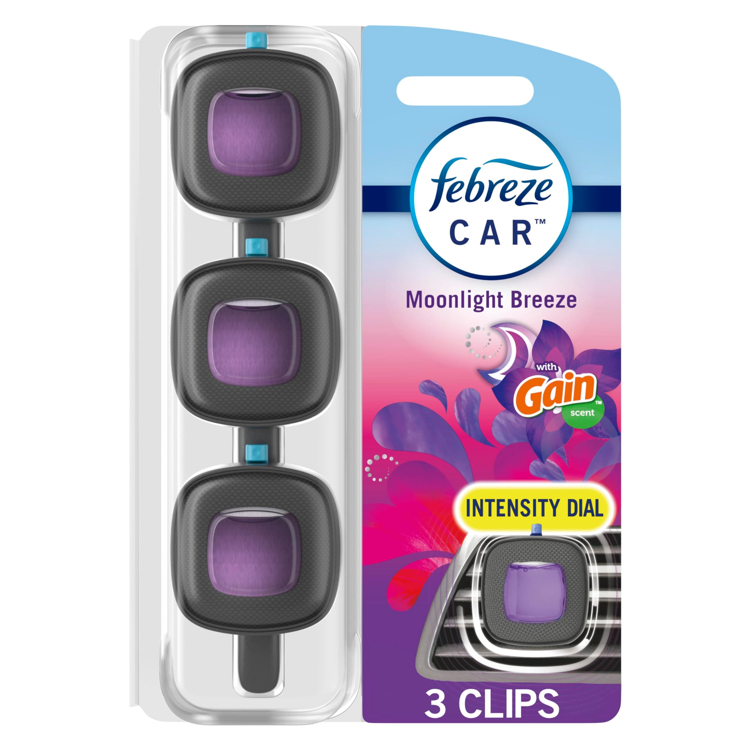 Car Air Freshener Vent Clip Gain Moonlight Breeze Scent, .07 oz. Car Vent Clip, Pack of 3 and Stay-Fresh Storage Case