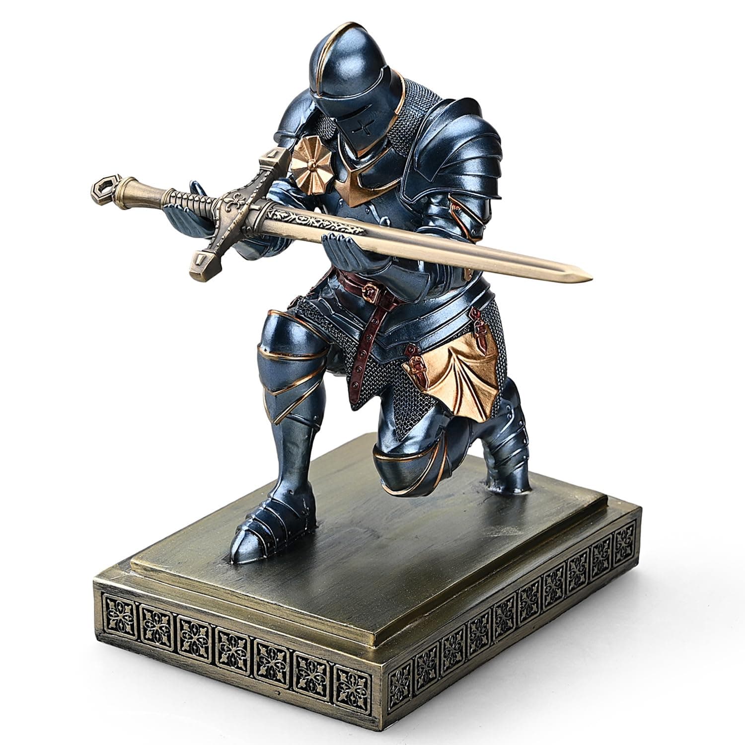 Medieval Armored Warrior Knight Pen Holder Desk Organizers and Accessories Resin Pencil Holder Paperweight as Gift with a Cool Letter Opener for Desk (Blue)