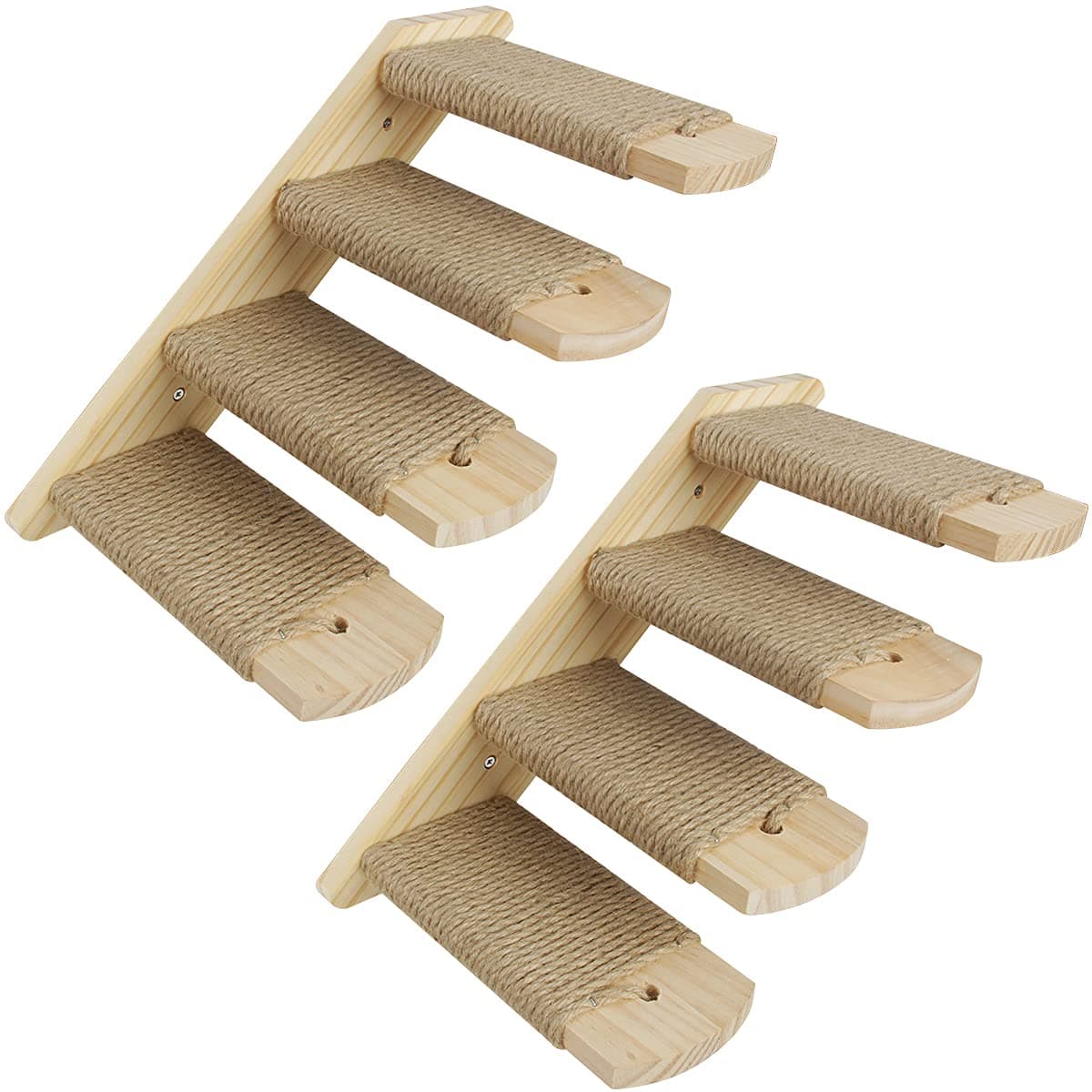 Cat Climbing Shelf Wall Mounted, Wooden Cat Stairway with Four Steps, Cat Stairs Ladder Shelf with Jute Scratching for Cat Climbing and Playing, Set of 2