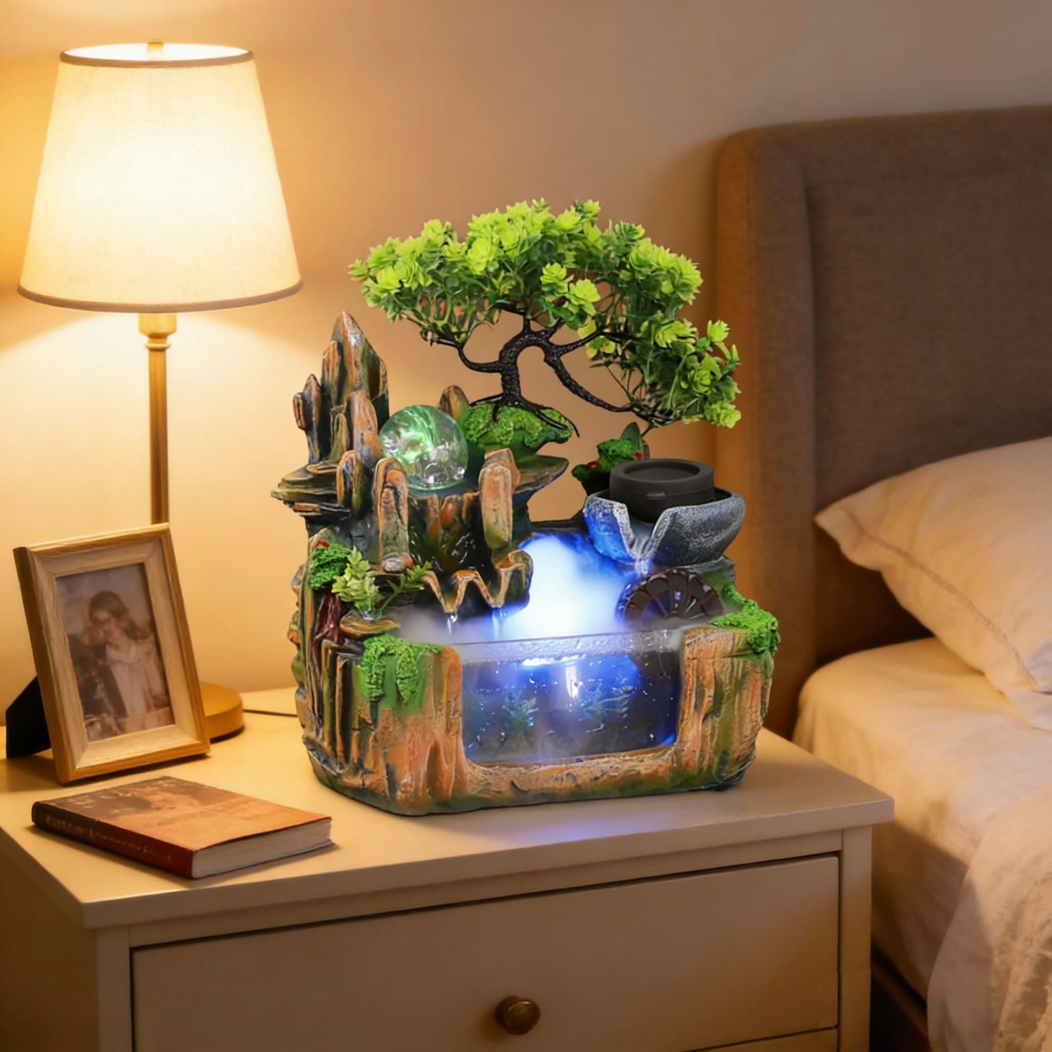 10Inch Bonsai Tree Rock ​Water Fountains Indoor Tabletop Waterfall Humidifier with LED Light and Atomizer Mist, Desktop Decoration Fake Plants Mini Fish Tank Feng Shui Decor Festival Birthday surprise