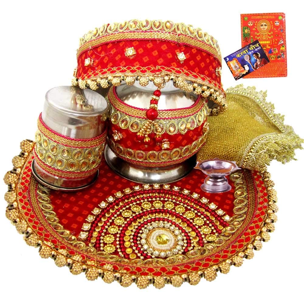 Creativity centre Karwa Chauth Ethnic Work Combo 8 Pcs Puja Thali Set/Steel Puja thali Diameter 29 cms/Karwachauth Puja Combo