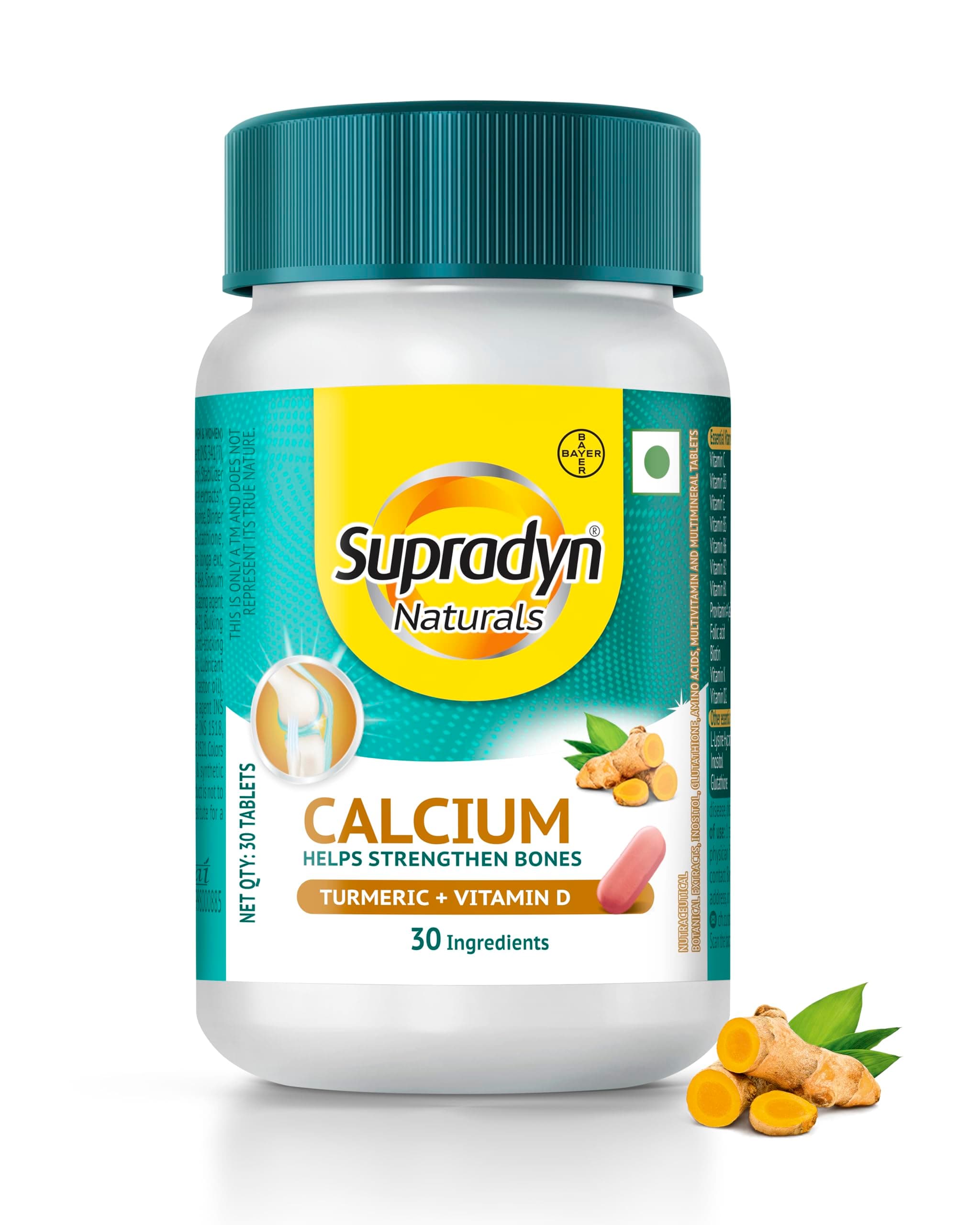 Supradyn Naturals Calcium With Vitamin D 400IU (Veg), Magnesium Supplement, Zinc & Turmeric | For Bone health and Joint support, 30 Tablets for Men and Women