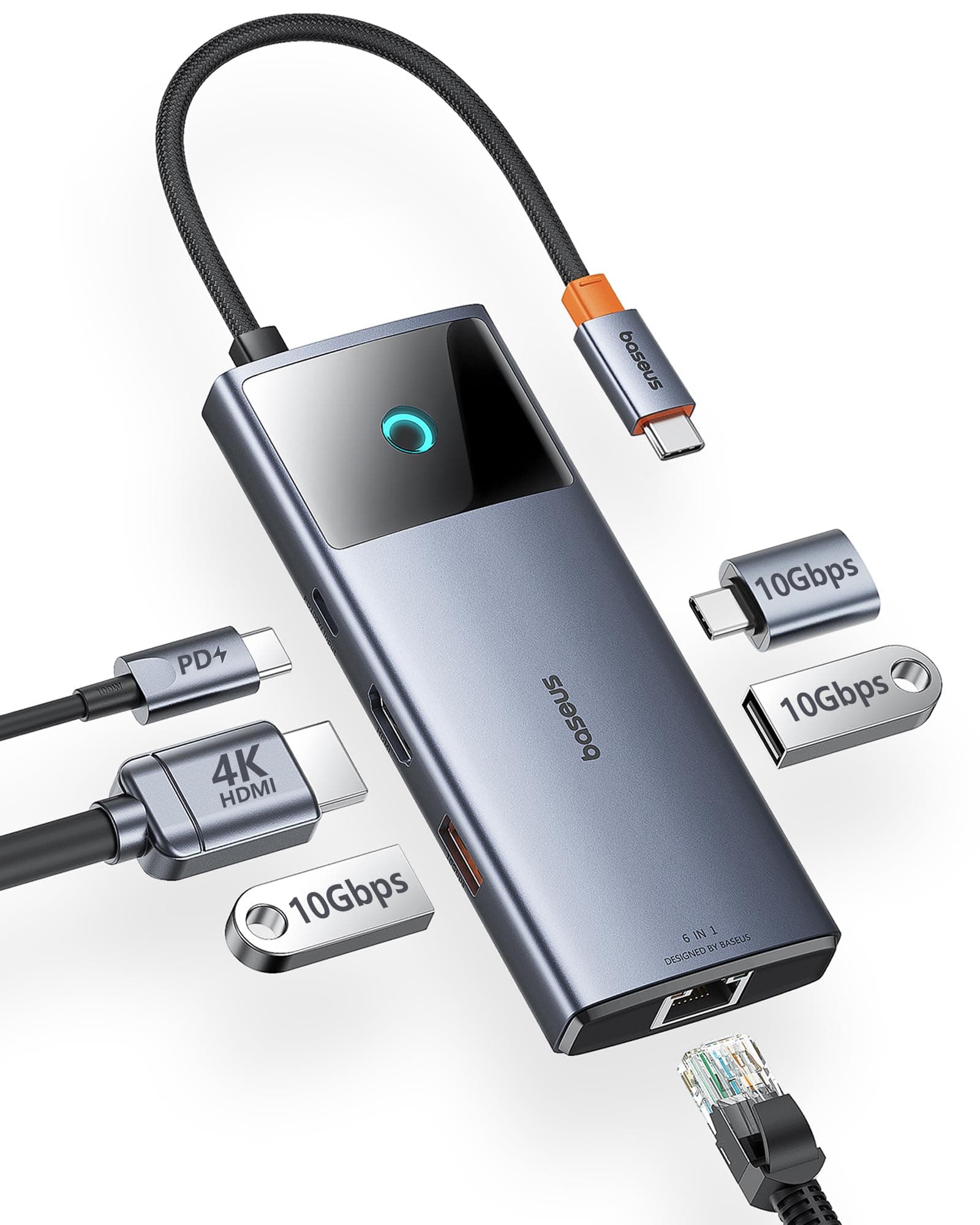 Baseus 10Gbps USB C Hub, 3 USB A/C Data Ports, 4K@60Hz HDMI, Gigabit Ethernet, 100W PD, 6 in 1 USB C Docking Station Compatible with iPhone 15/Dell/HP/Mac/iPad/Microsoft/Steam Deck