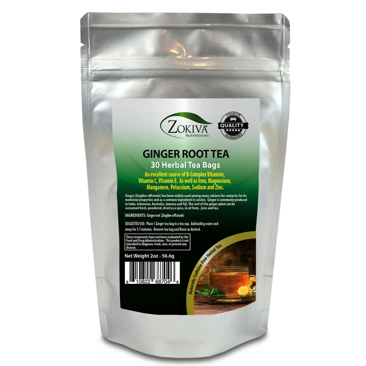 Ginger Tea 100% Pure Root (30 Premium Bags) All-Natural Caffeine Free Herbal Tea