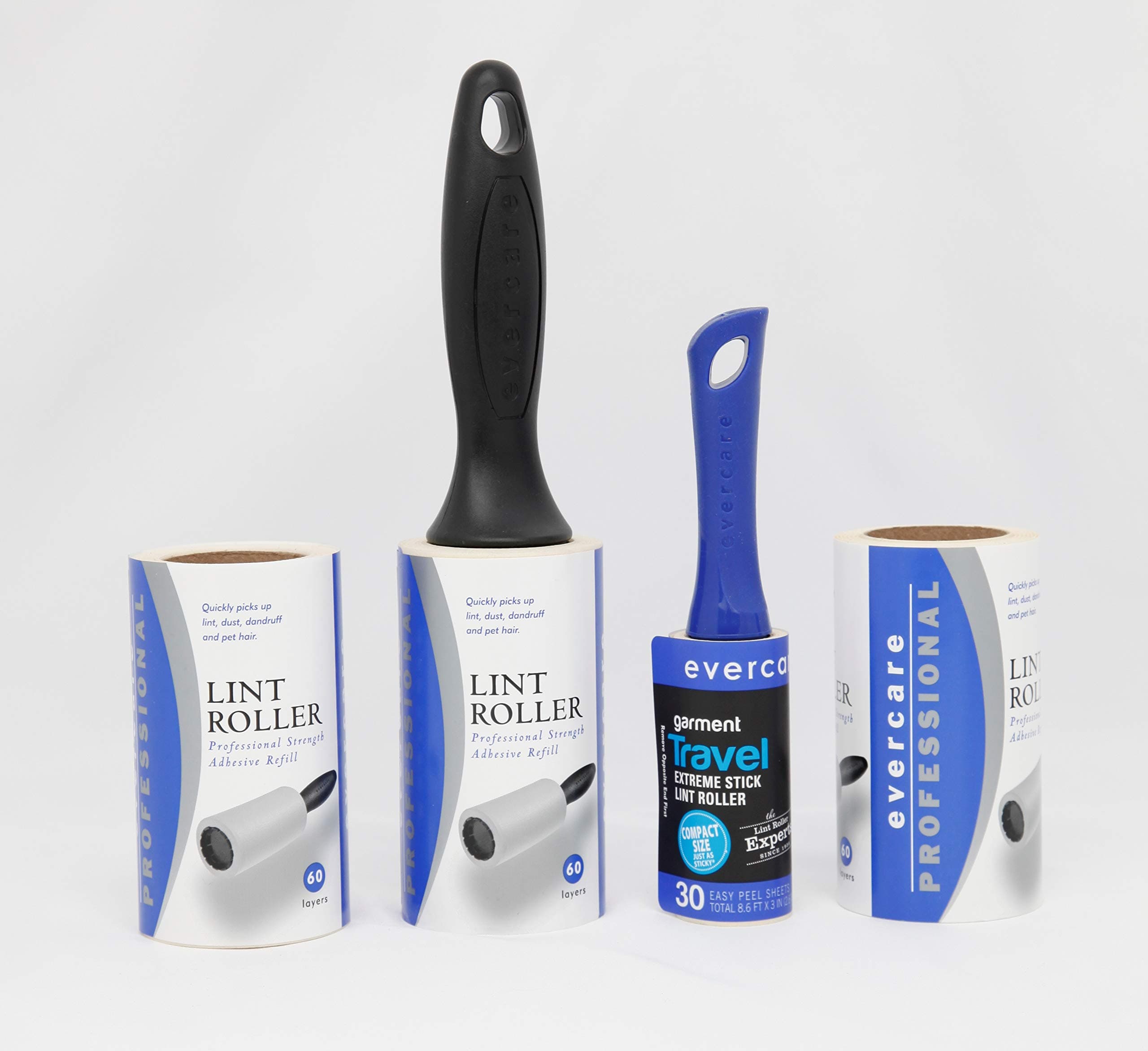 Evercare Professional Extra Sticky Lint Remover/Lint Roller Refills 180 Sheets with Reusable Handle and Travel Size Bundle for Pet Hair, Dandruff, Lint, etc