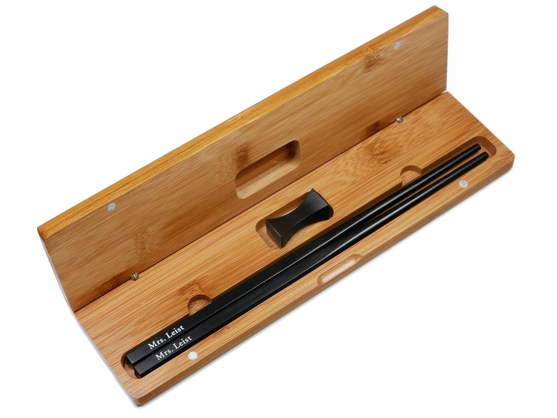 1 Pair Natural Black Ebony Wood Chopsticks Reusable Custom Engraved With Personalized Names in Silver or Gold Color - Square Chinese or Japanese Style Christmas Gift Set With Rest and Bamboo Case