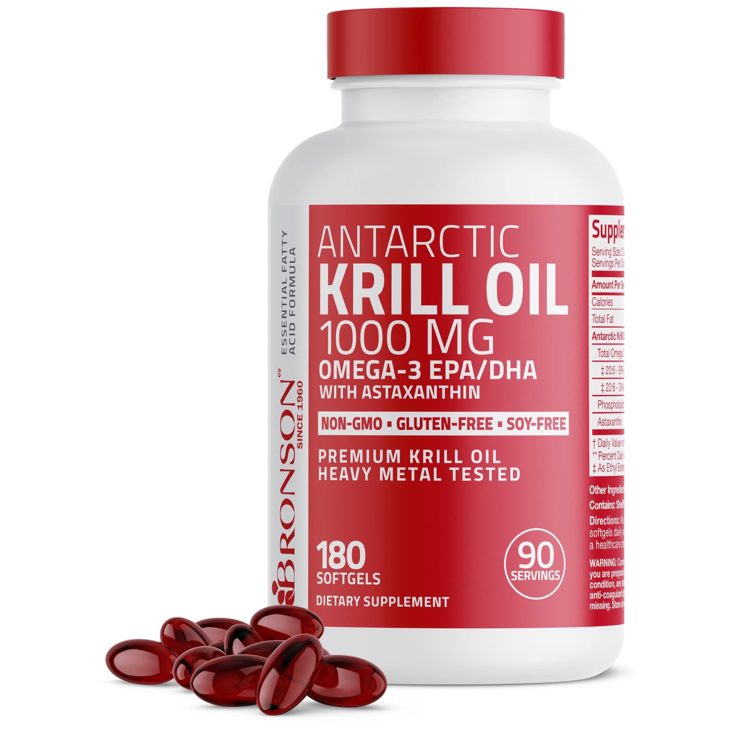 Bronson Antarctic Krill Oil 1000 mg with Astaxanthin, 180 Softgels (90 Servings)