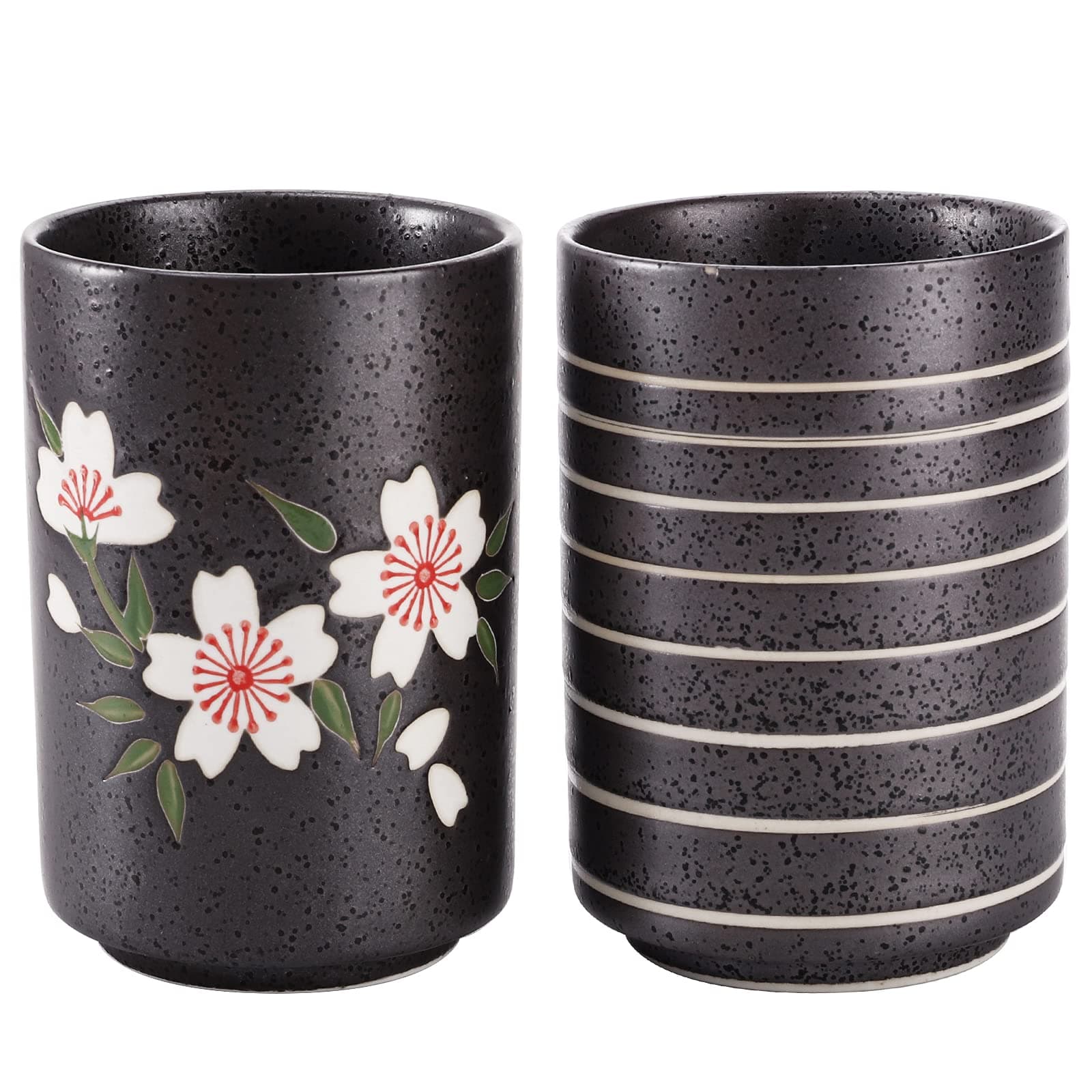 Hedume Set of 2 Japanese Tea Cups, 10oz Ceramic Mug with Cherry Blossoms and Line Design for Green Tea, Matcha, Bancha