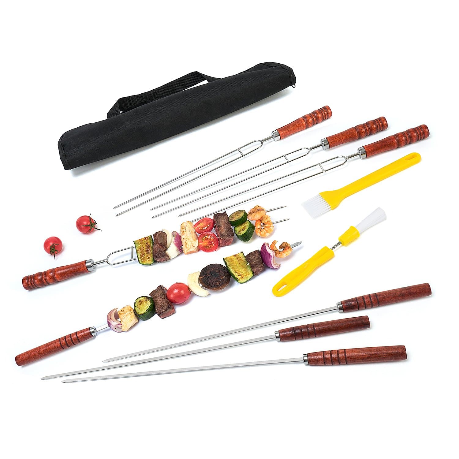 Monbix SK-70710 1/4 Inch Flat & U-Shaped Stainless Steel Kabob Skewers Each has 4Pcs, 16.5 Inch BBQ Skewers with Wooden Handle, Comes with Multi-Function Basting Brushes and Handy Storage Pouch
