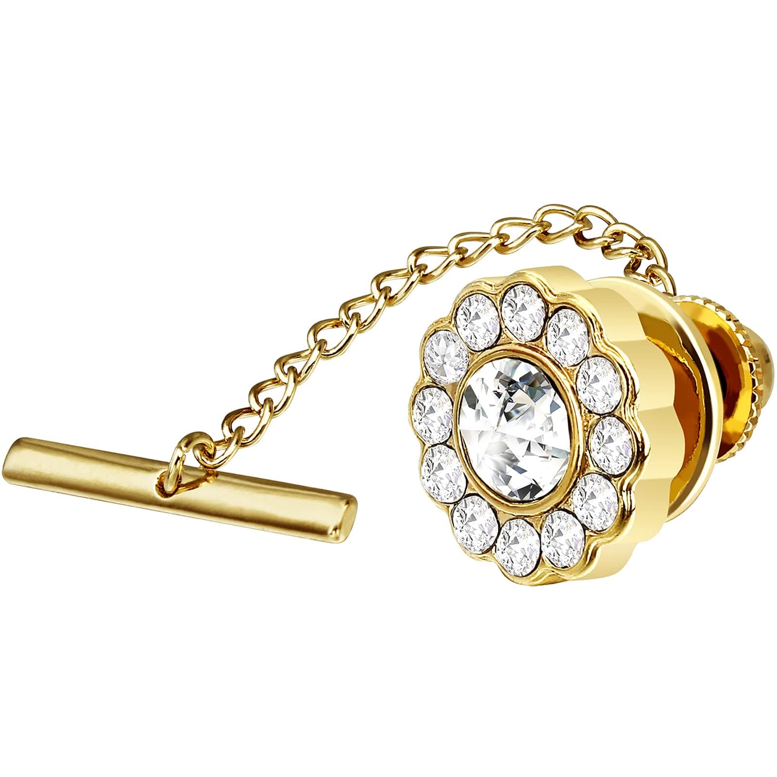 Crystal/Pearl Tie Tack with Chain, Gold Mens Tie Pin Necktie Pins Lapel Pin for Wedding Birthday Anniversary Party