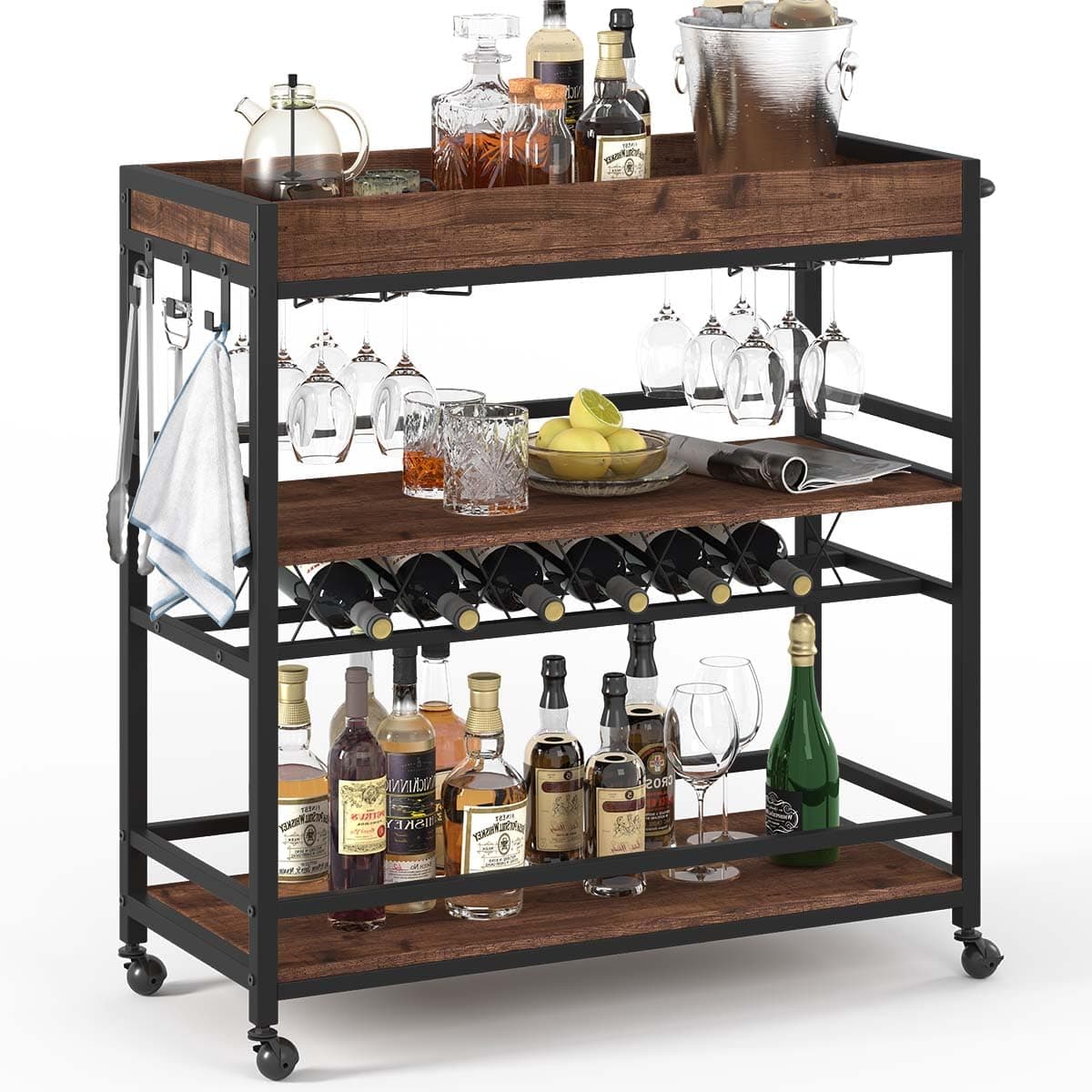 BON AUGURE Bar Cart for The Home, Rolling Home Bar Serving Cart on Wheels, 3 Tier Liquor Beverage Carts with Wine Rack and Glass Holder (Rustic Oak)