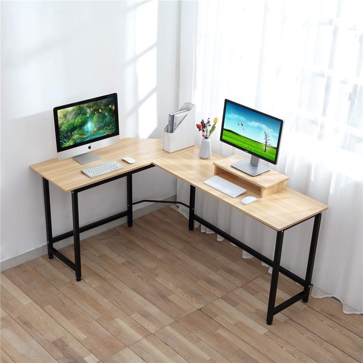 Computer Desk - CrazyLynX L Shaped Corner Desk PC Workstation Table with Monitor Stand for PC Laptop, for Home Office, Wood & Metal (Teak)
