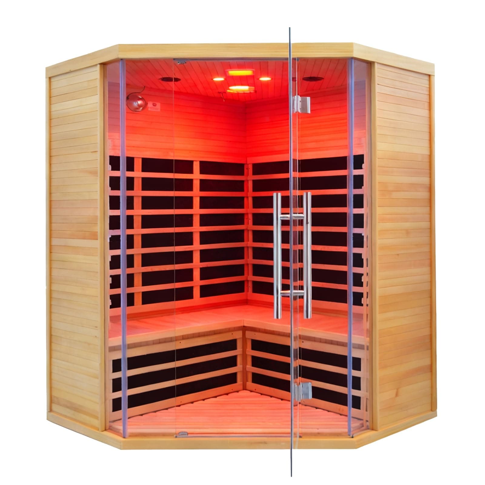 Homsido 3-4 Person Far Infrared Sauna, Hemlock Indoor Corner Sauna Room Home Sauna with Low EMF Far Infrared Carbon Panel Tempered Glass Door,Bluetooth Speakers Chromotherapy Lights(220V, 2880W)