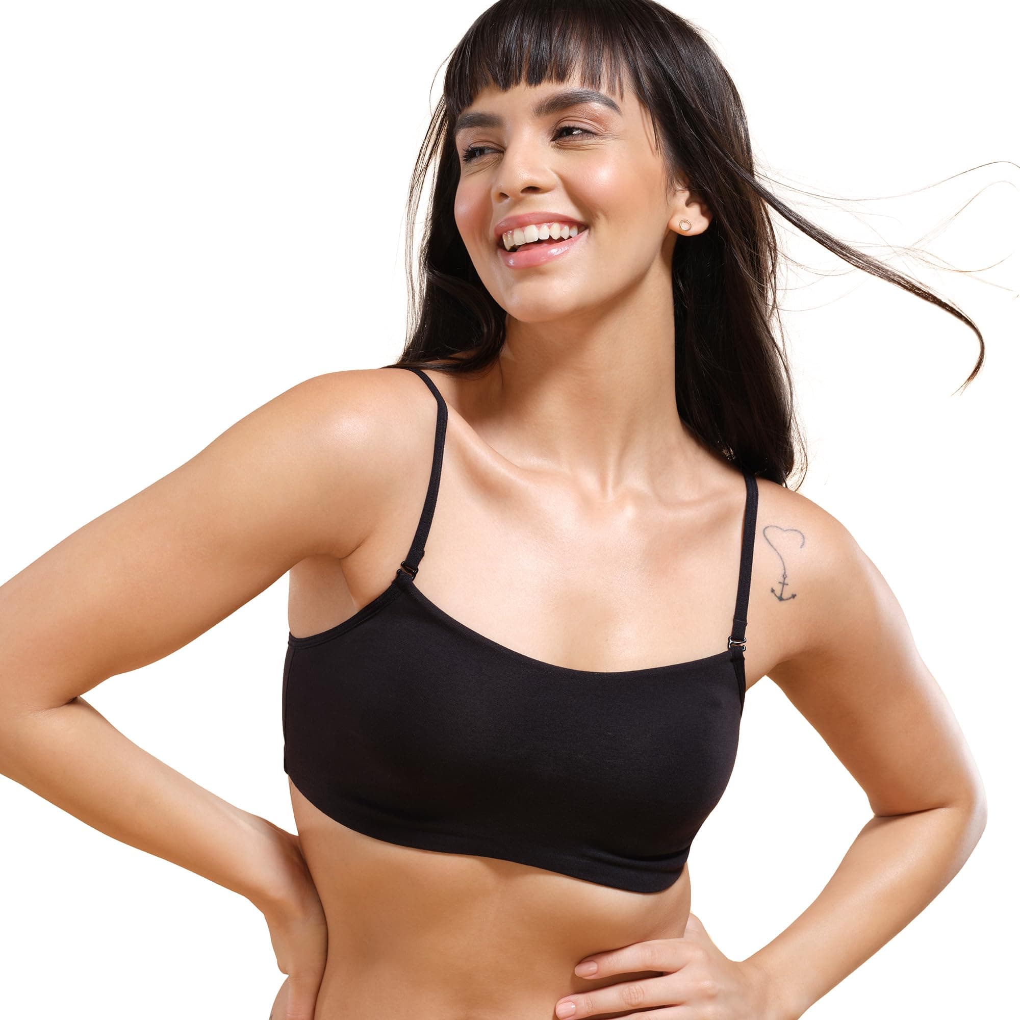 Moulded Double Layer Front Women's Cotton Cami Bra - Detachable Slim Straps with Back Keyhole, Non Padded, Wirefree, High Coverage - A022